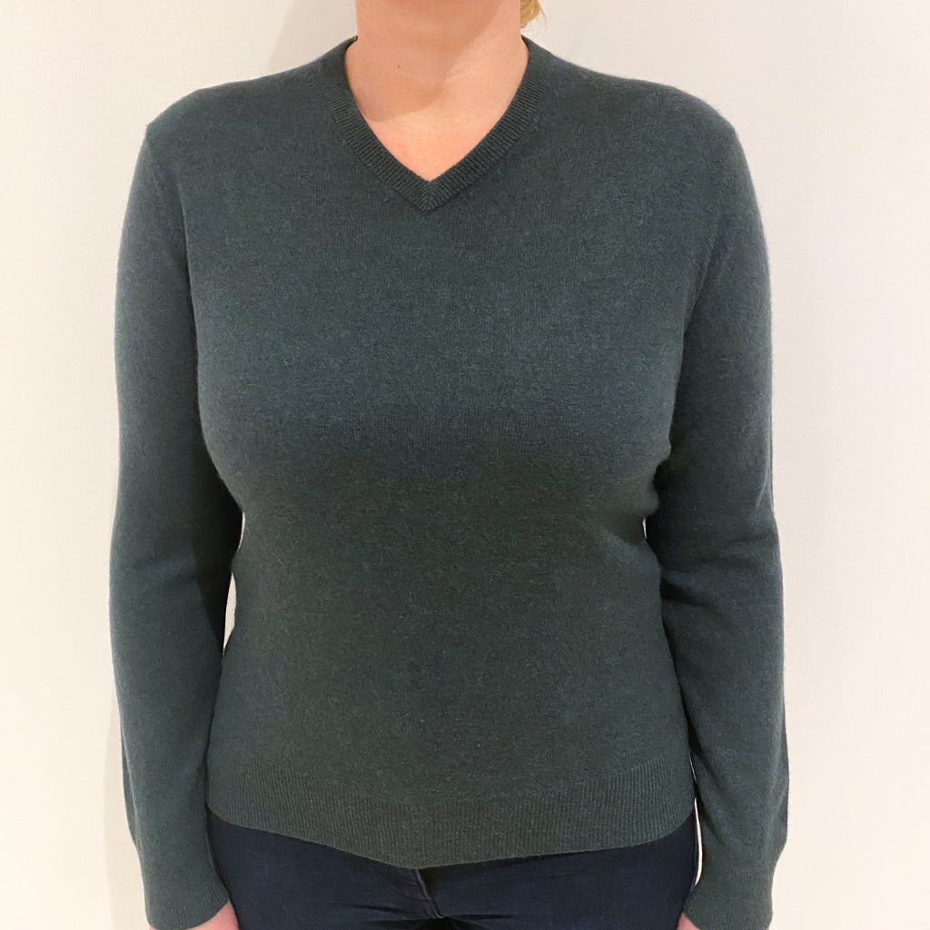 Spruce Green Cashmere V Neck Jumper Large
