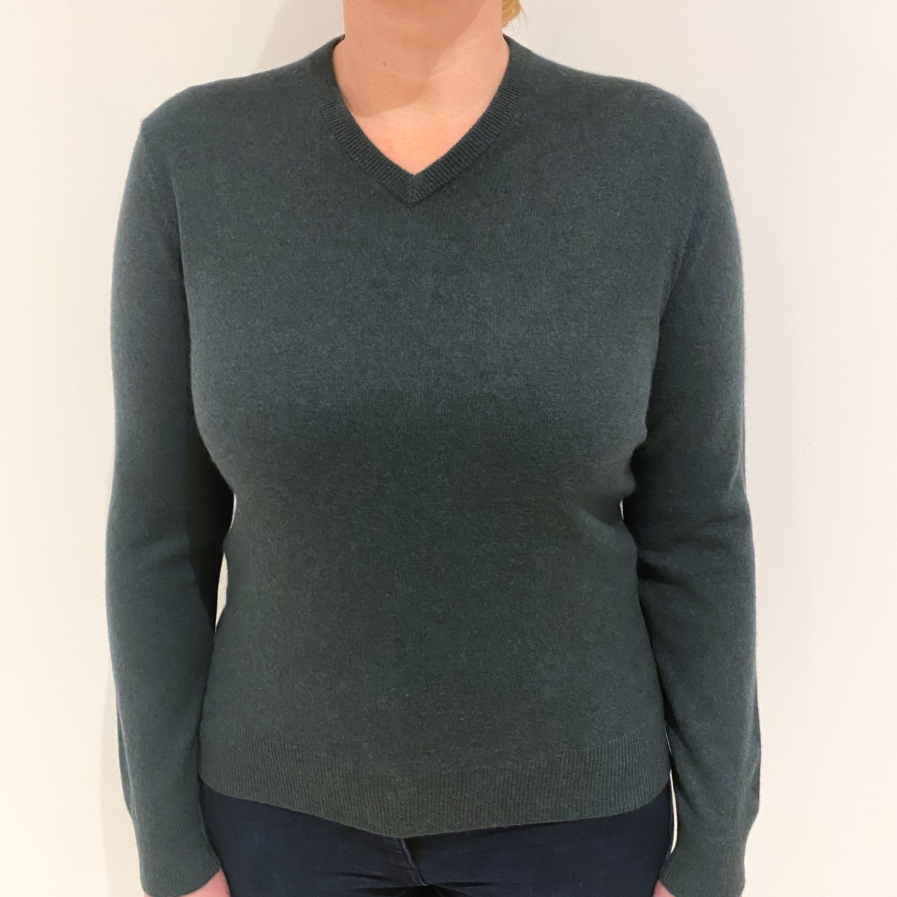 Spruce Green Cashmere V Neck Jumper Large