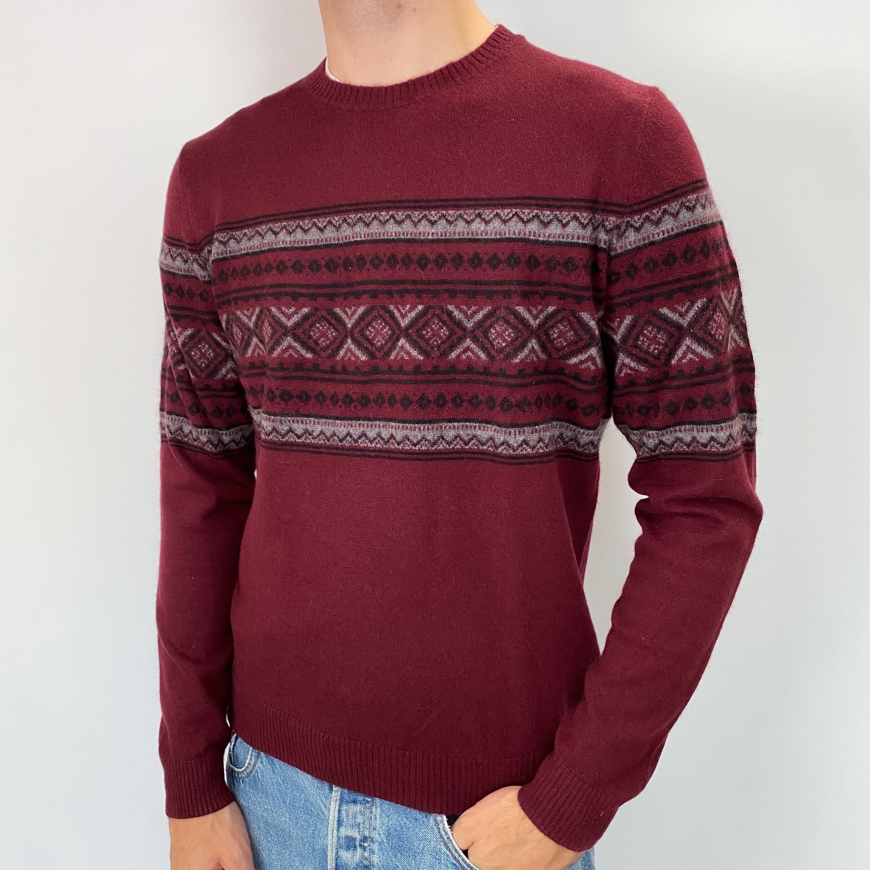 Men's Burgundy Fair Isle Design Cashmere Crew Neck Jumper Medium
