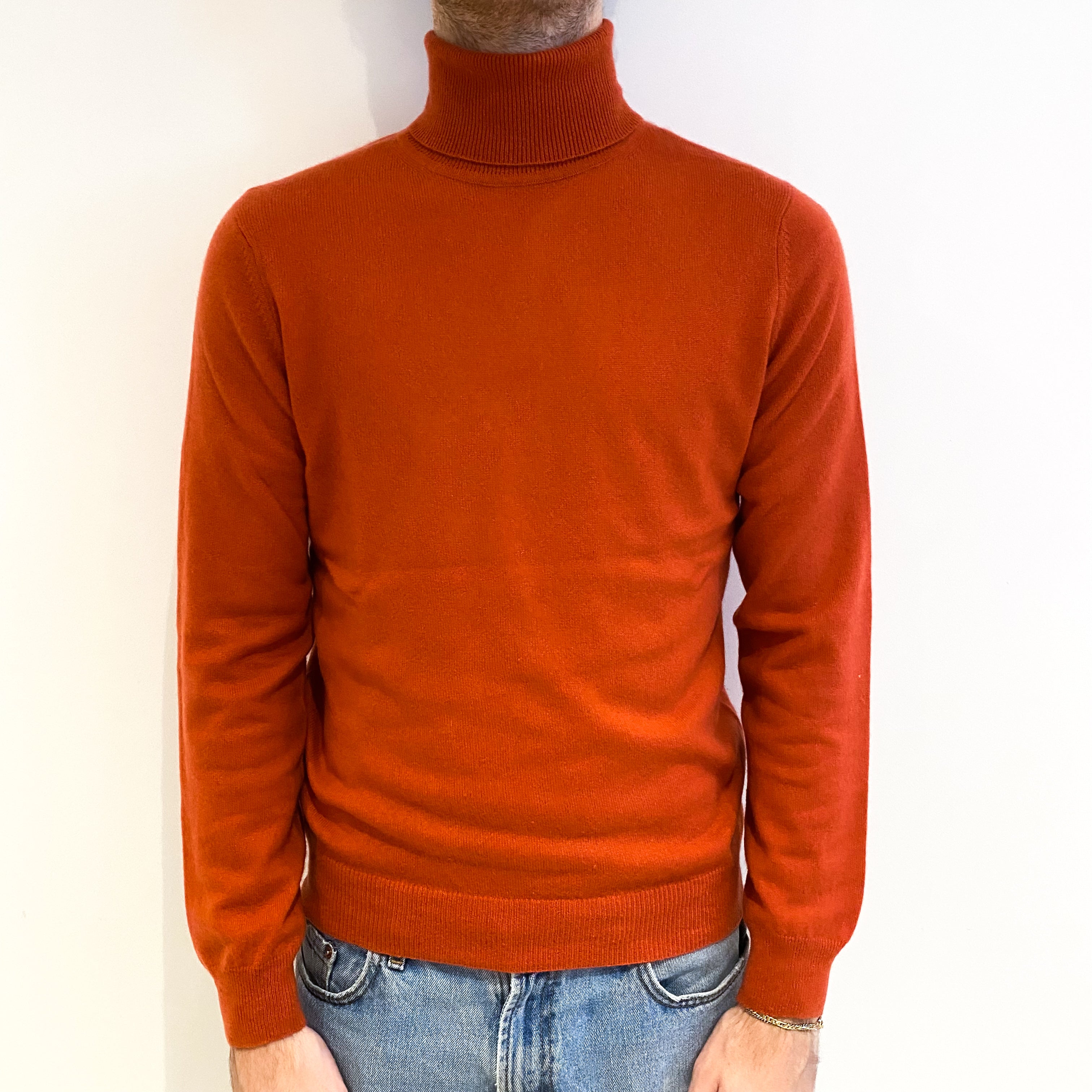 Men's Burnt Orange Cashmere Polo Neck Jumper Medium