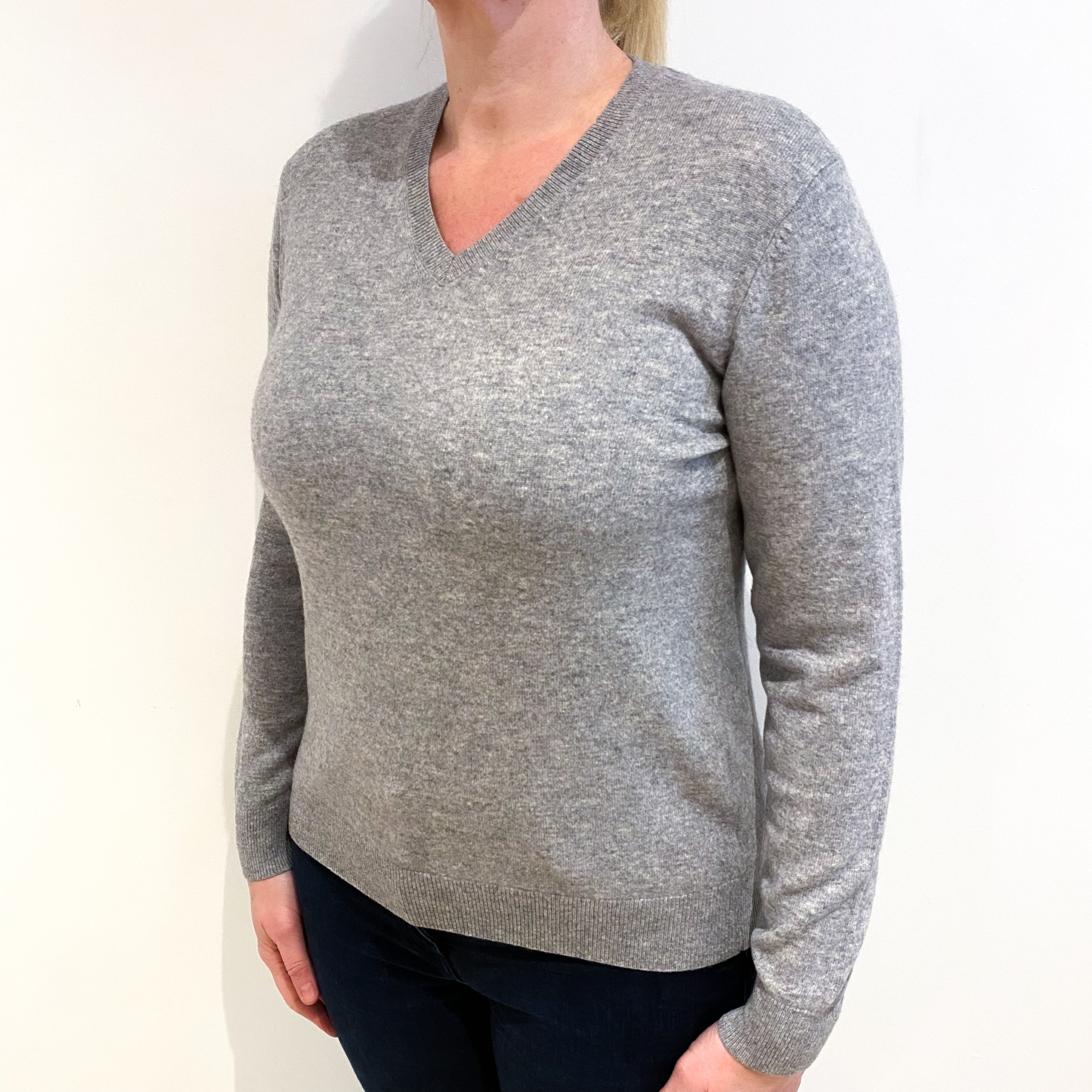 Smoke Grey Cashmere V Neck Jumper Large