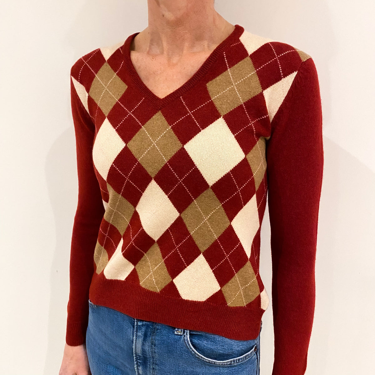 Maroon Red Diamond Cashmere V Neck Jumper Small