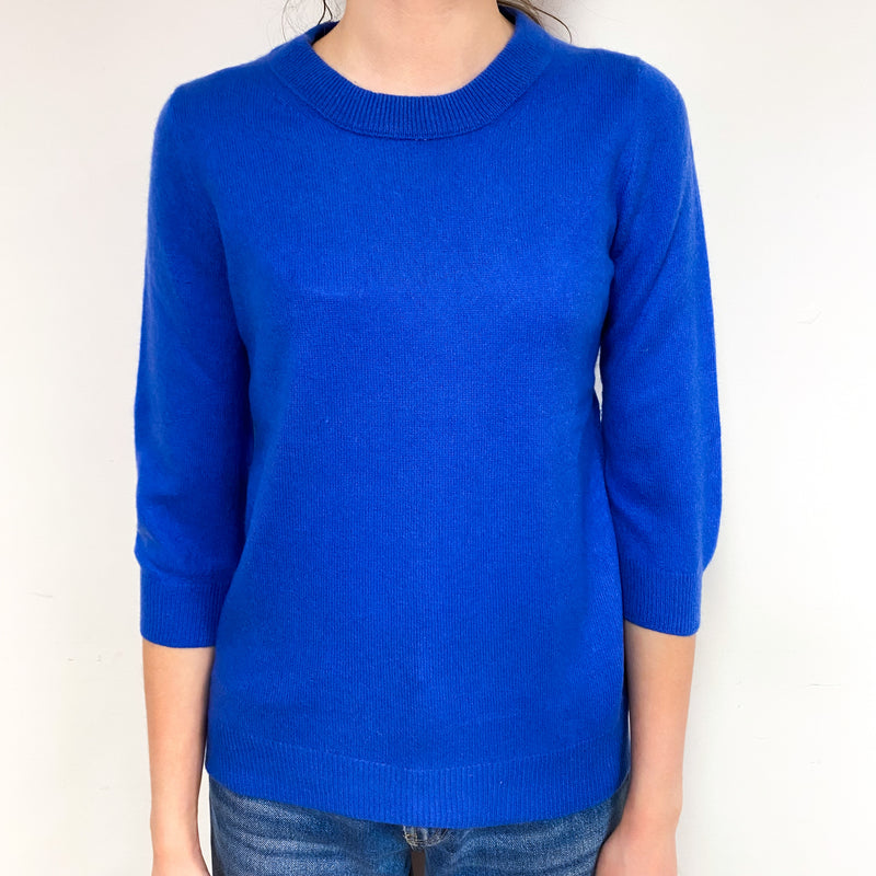 Azure Blue 3/4 Sleeve Cashmere Crew Neck Jumper Extra Small