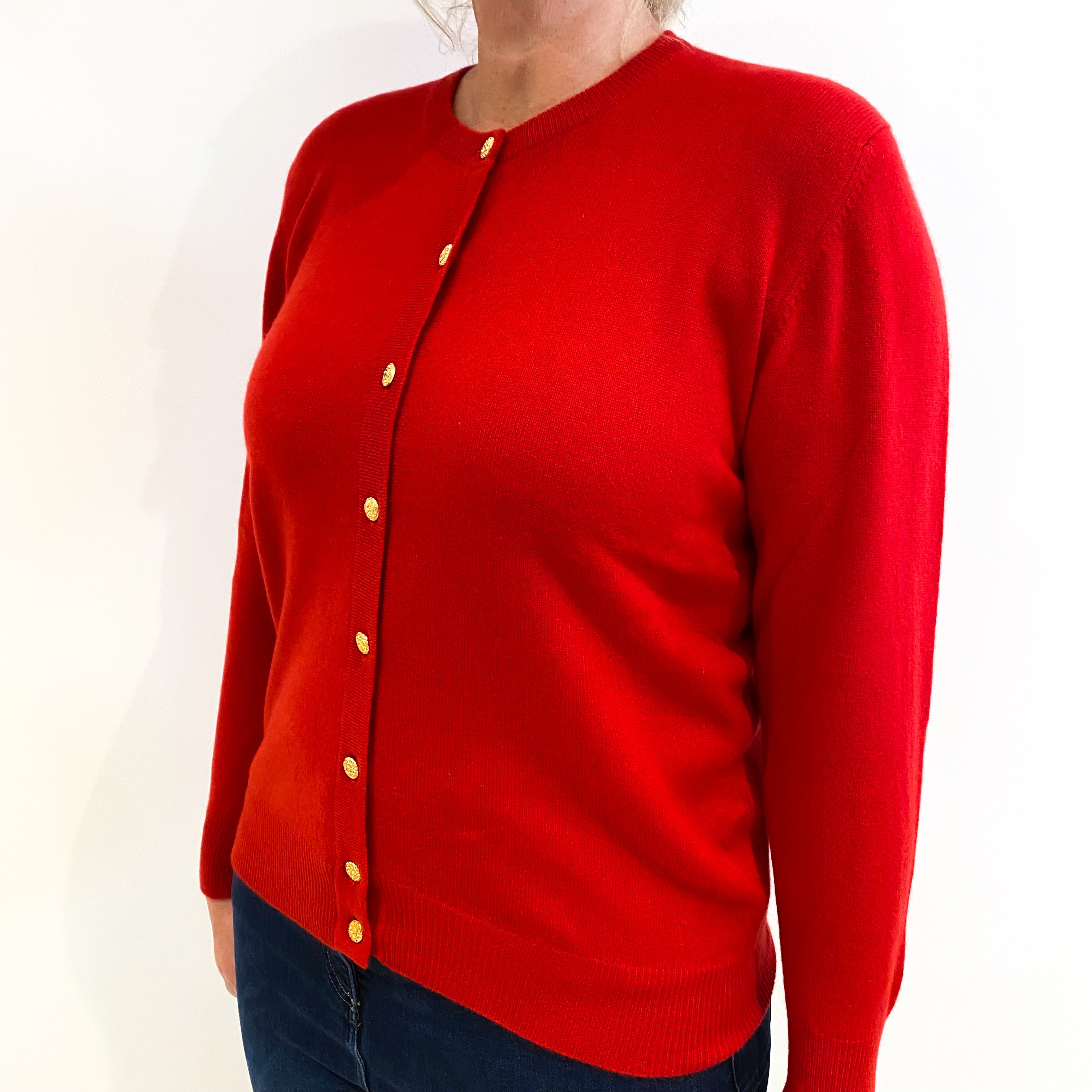 Post Box Red Cashmere Crew Neck Cardigan Large