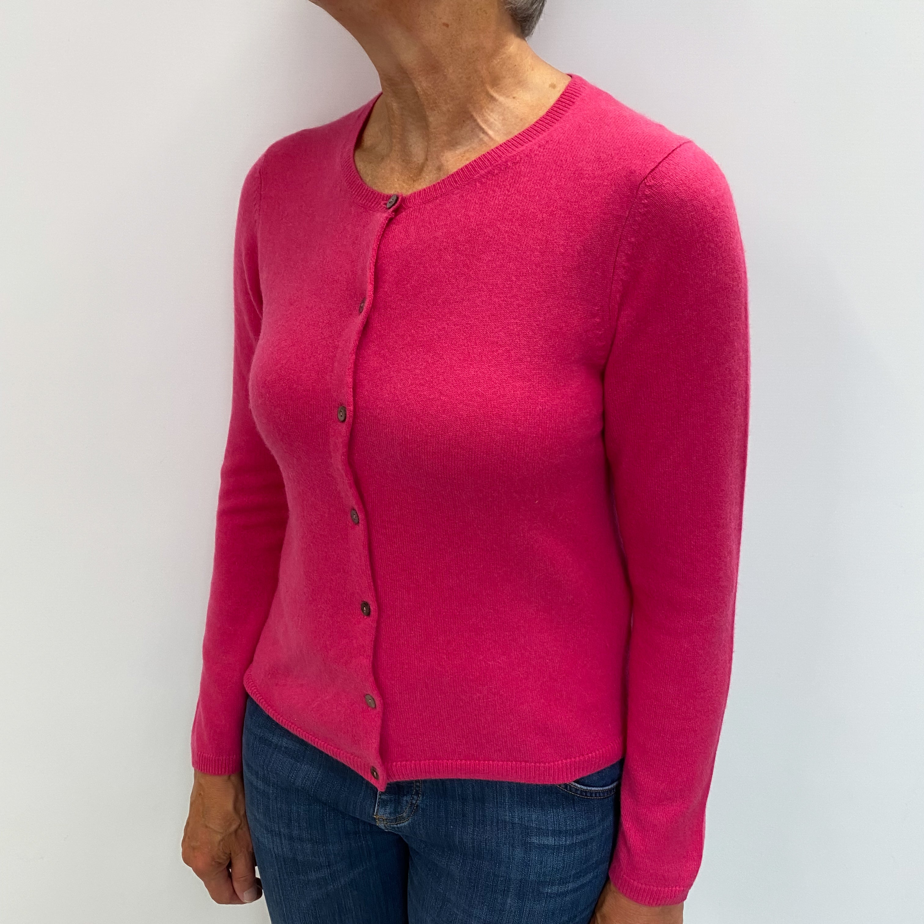 Hot Pink Cashmere Crew Neck Cardigan Medium