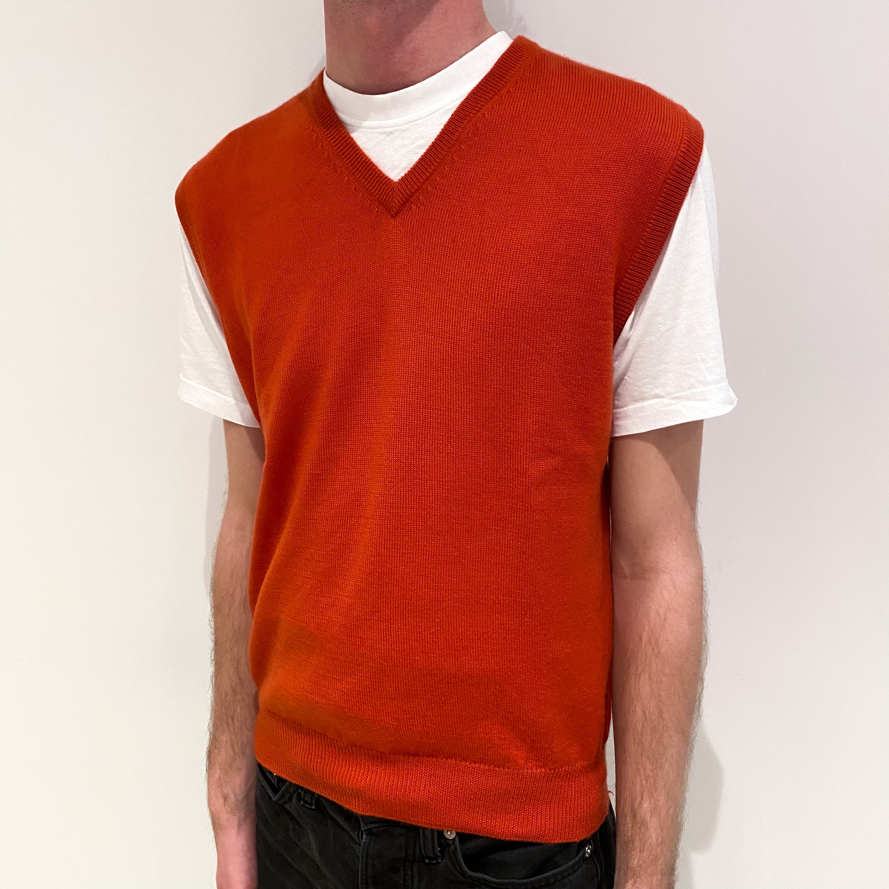 Men's Vermilion Orange Cashmere V-Neck Tank Top Small