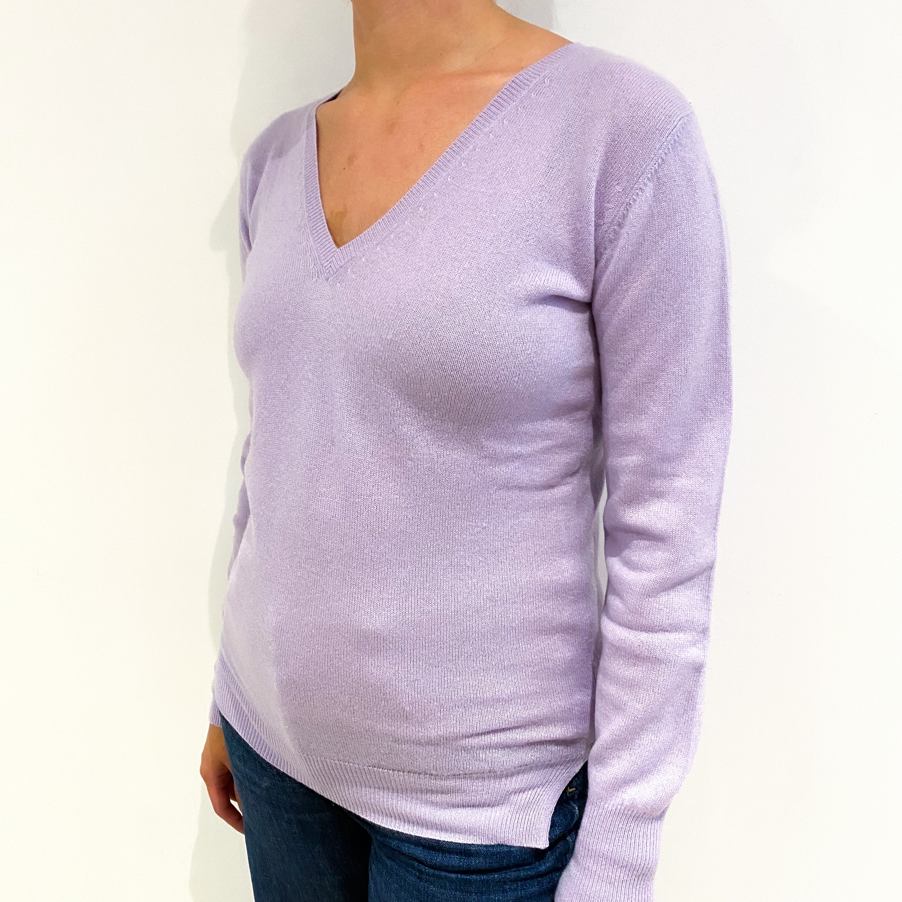 Pale Lavender Purple Cashmere V-Neck Jumper Small