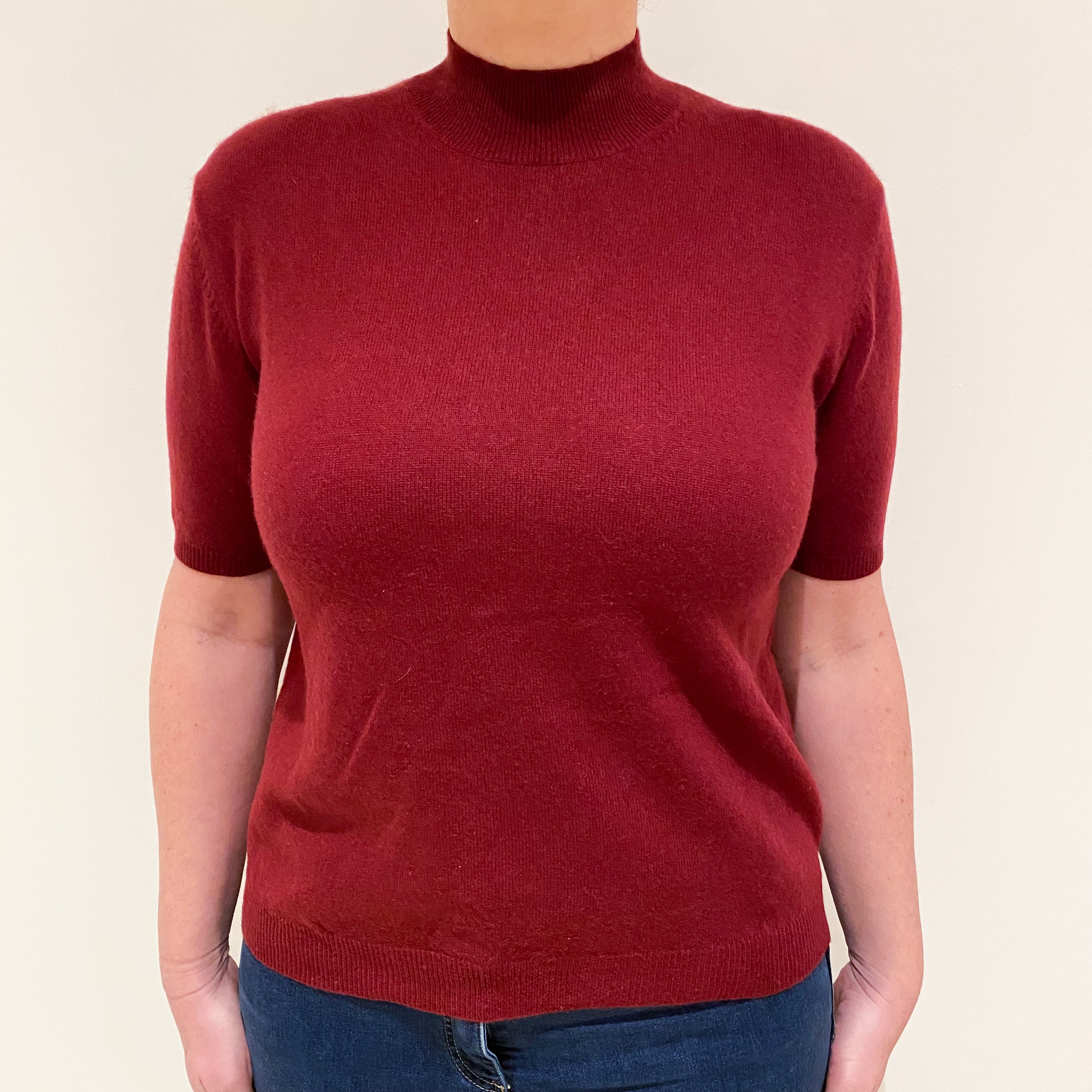 Burgundy Red Cashmere Short Sleeved Turtleneck Jumper Large