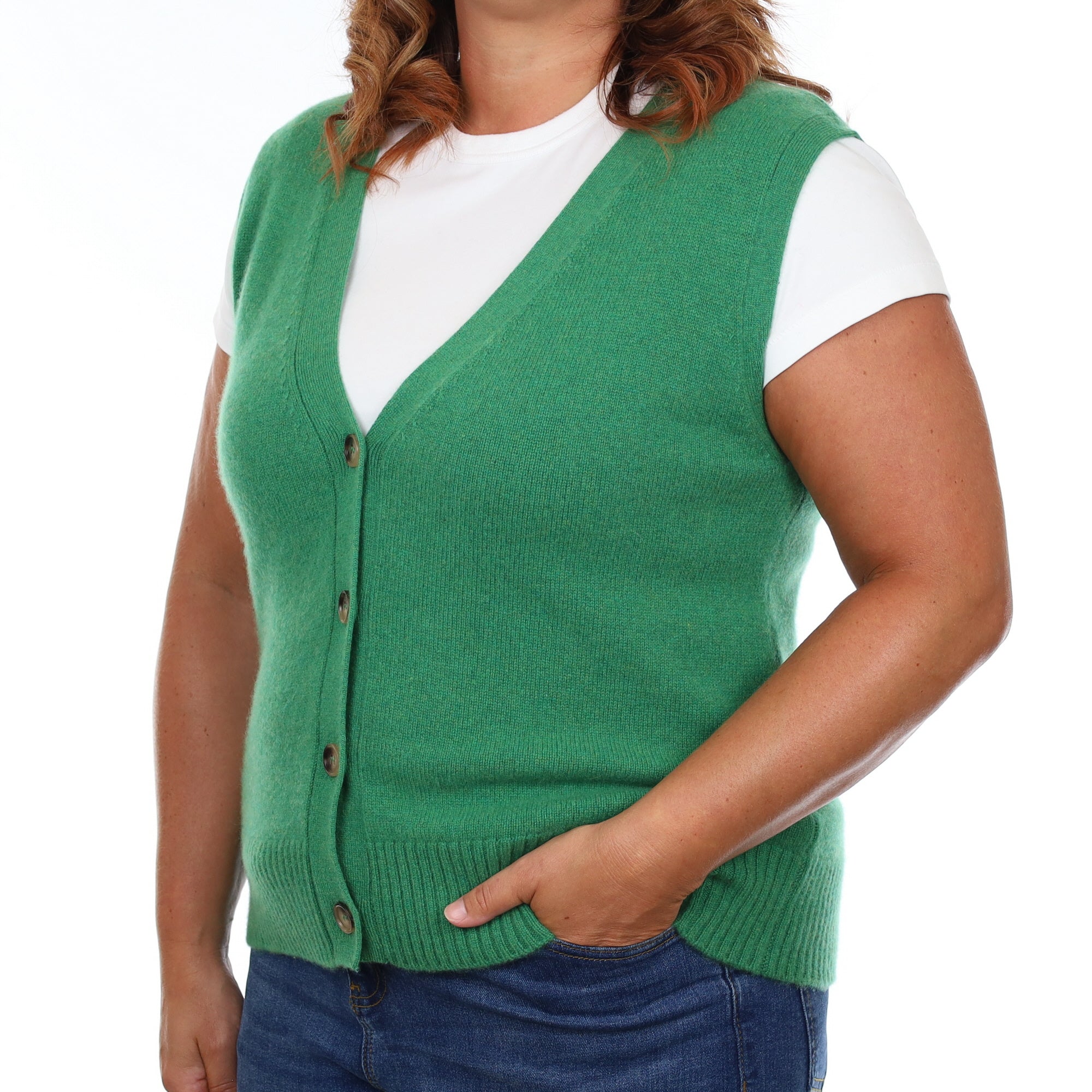 Brand New Shamrock Green Luxury Cashmere V Neck Waistcoat Large UK 16-18