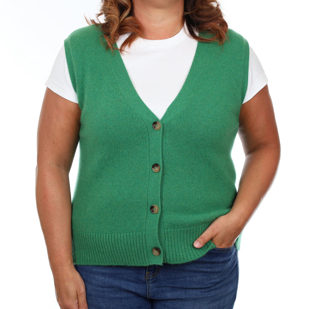 Brand New Shamrock Green Luxury Cashmere V Neck Waistcoat Large UK 16-18
