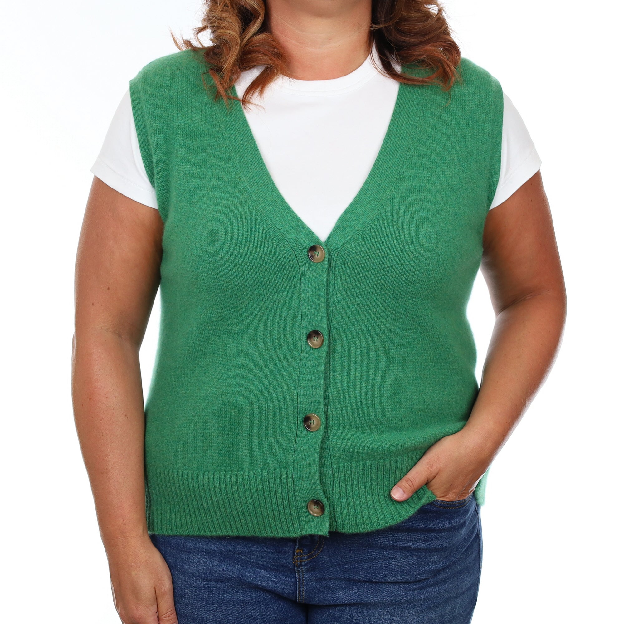 Brand New Shamrock Green Luxury Cashmere V Neck Waistcoat Large UK 16-18