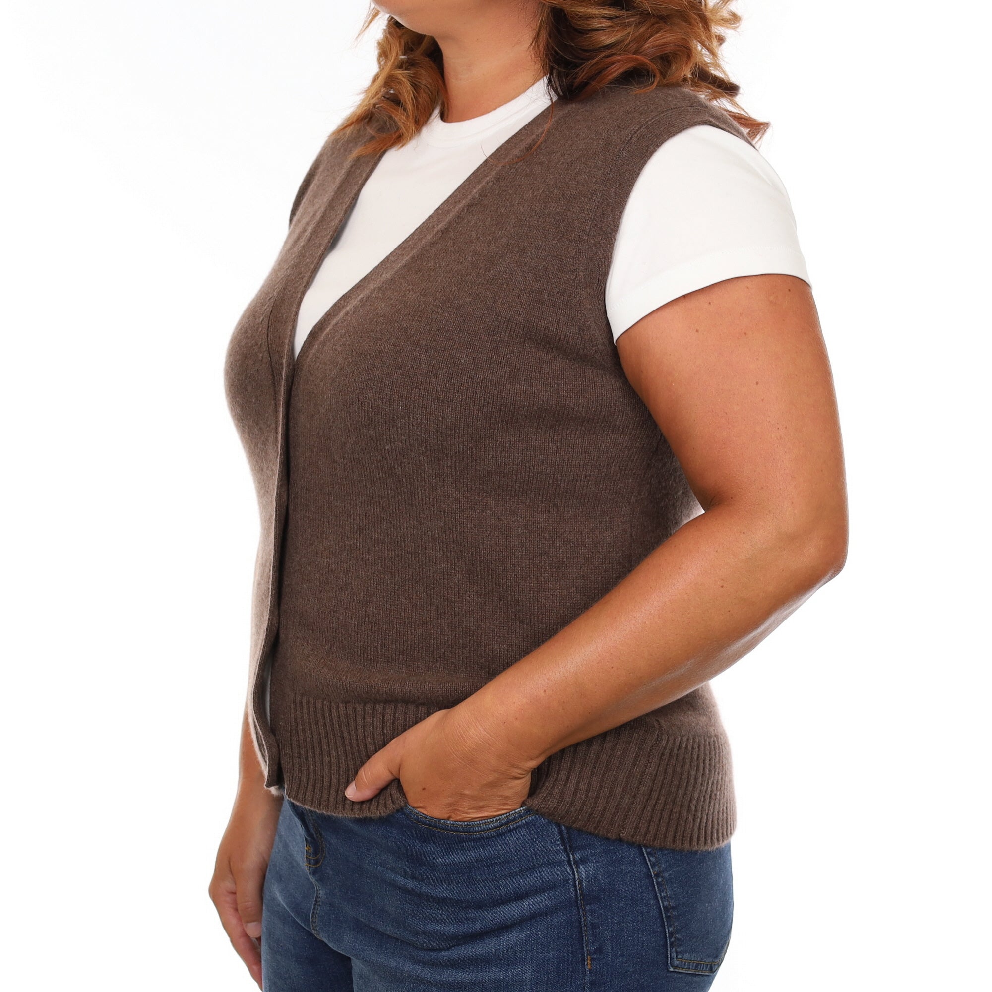 Brand New Mocha Luxury Cashmere V Neck Waistcoat Large UK 16-18