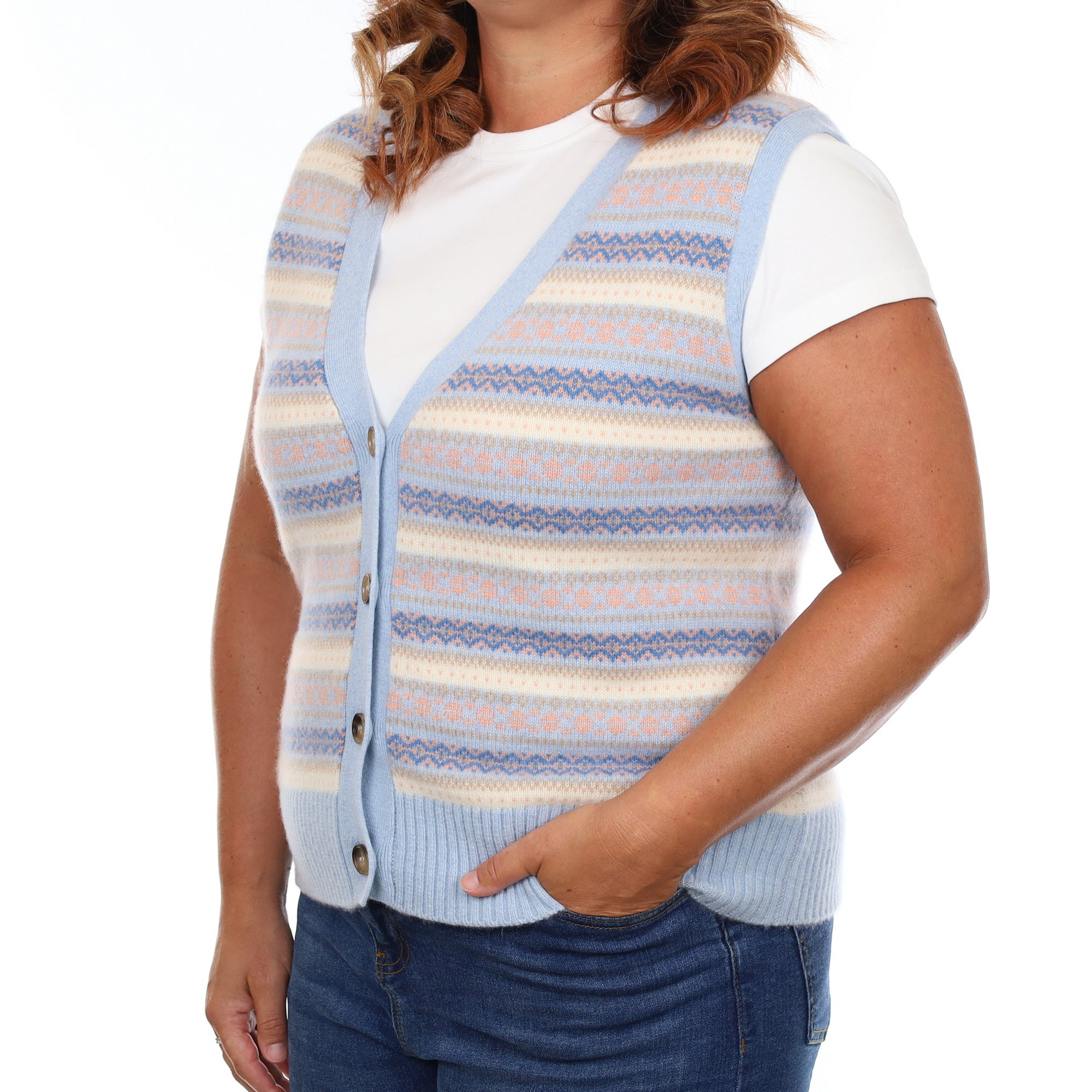 Brand New Baby Blue and Shell Pink Fair Isle Luxury Cashmere V Neck Waistcoat Large UK 16-18