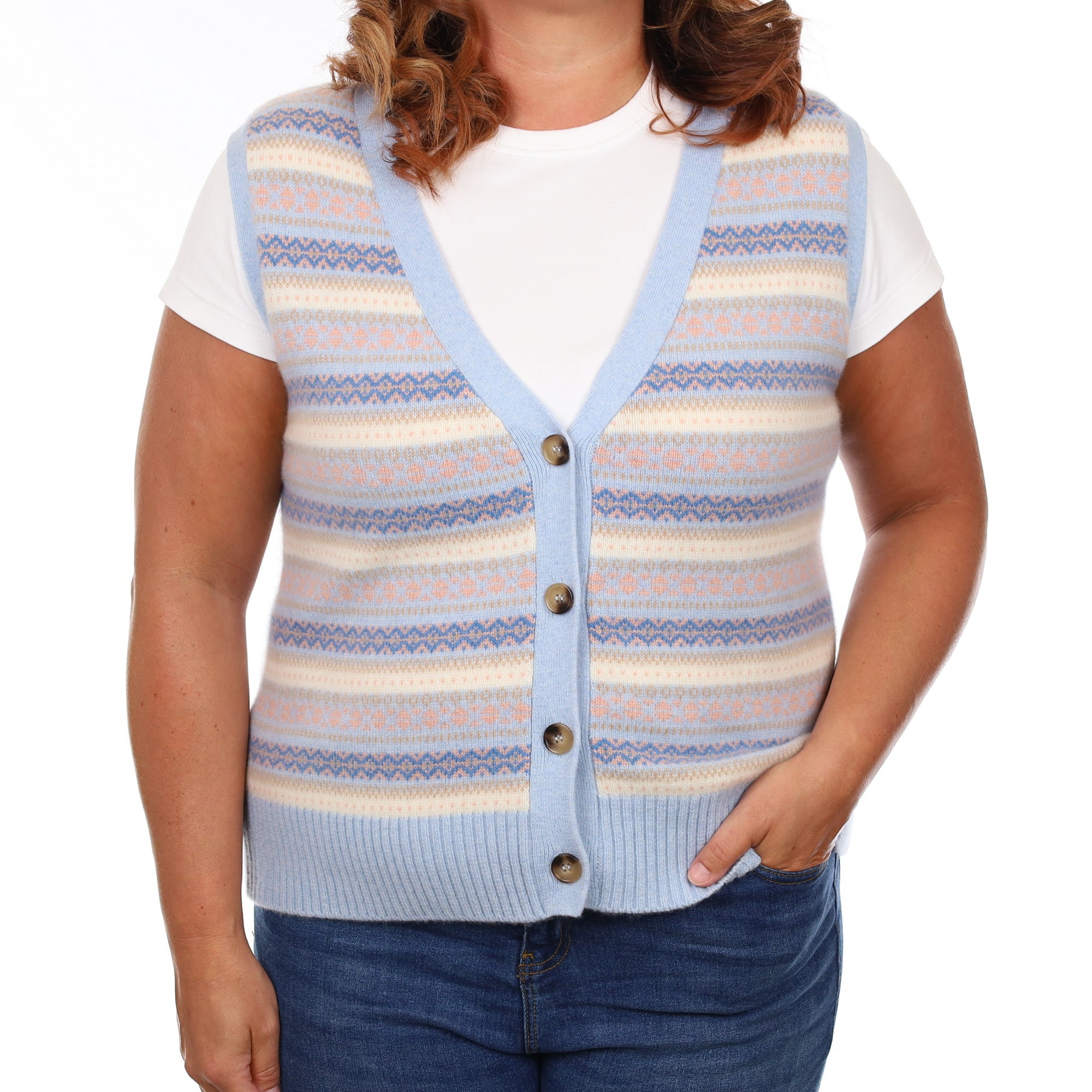 Brand New Baby Blue and Shell Pink Fair Isle Luxury Cashmere V Neck Waistcoat Large UK 16-18