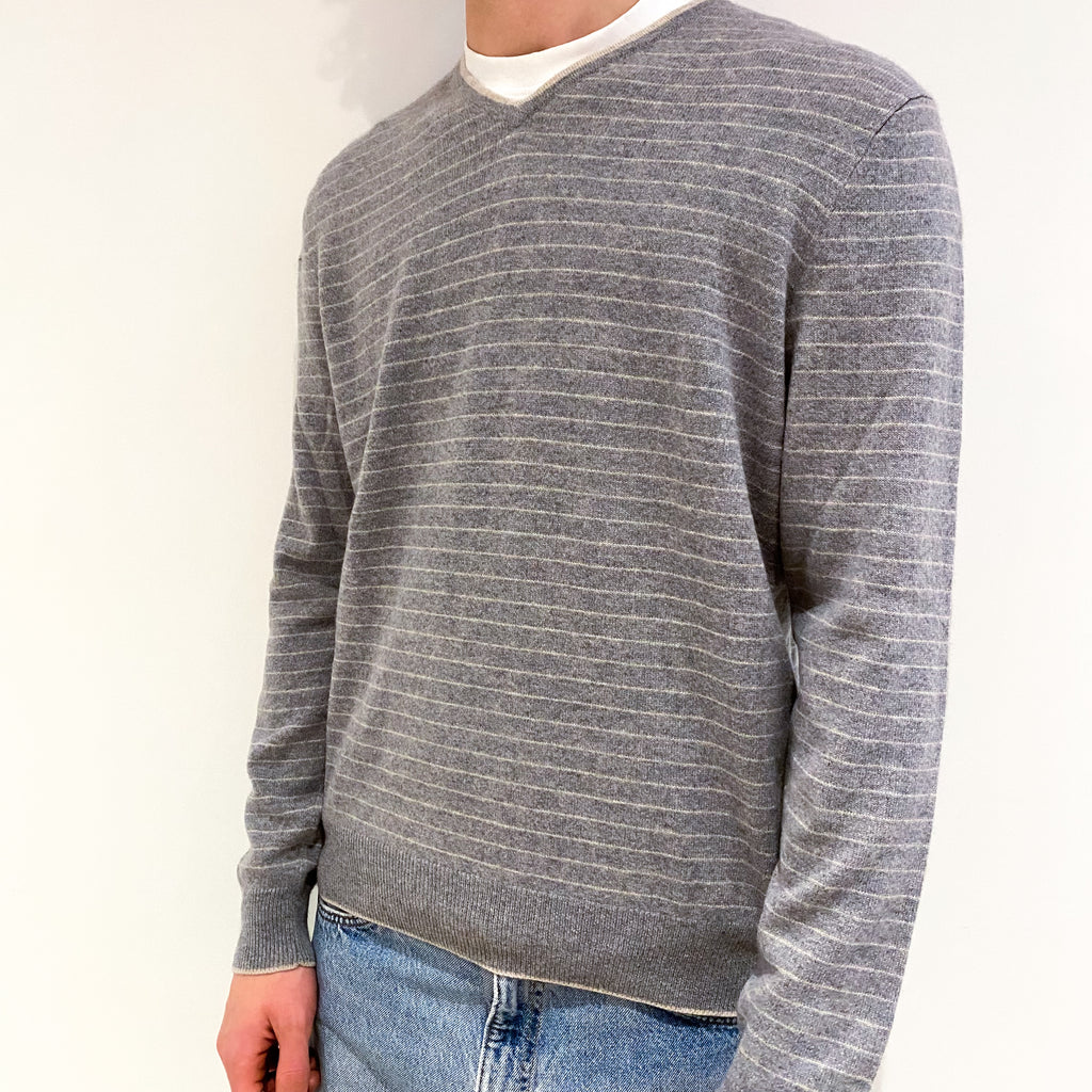 Men's Beige and Grey Striped Cashmere V-Neck Jumper Large