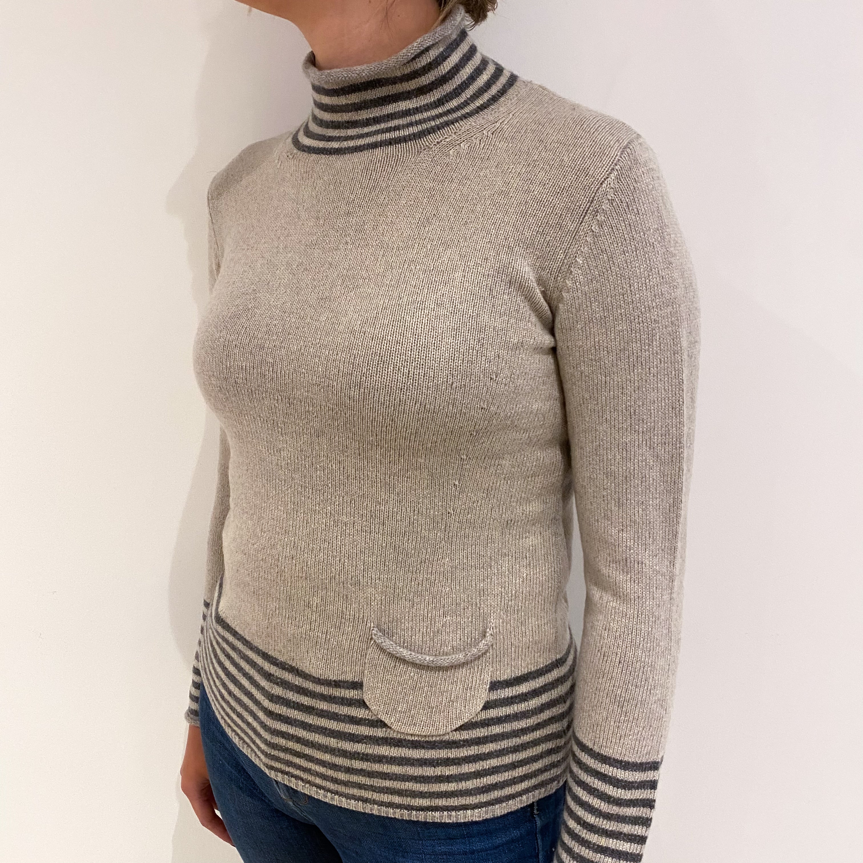 Grey Striped Cashmere Funnel Neck Jumper with Pocket Small