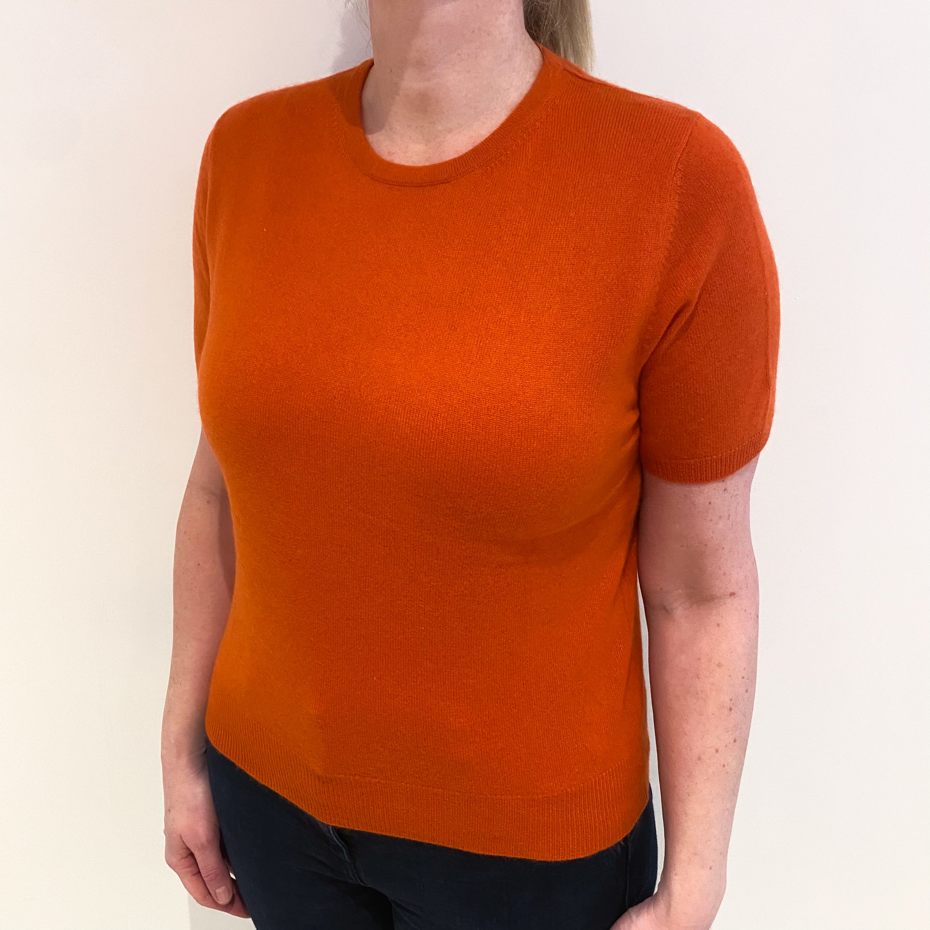 Pumpkin Orange Cashmere Crew Neck Short Sleeved Jumper Large