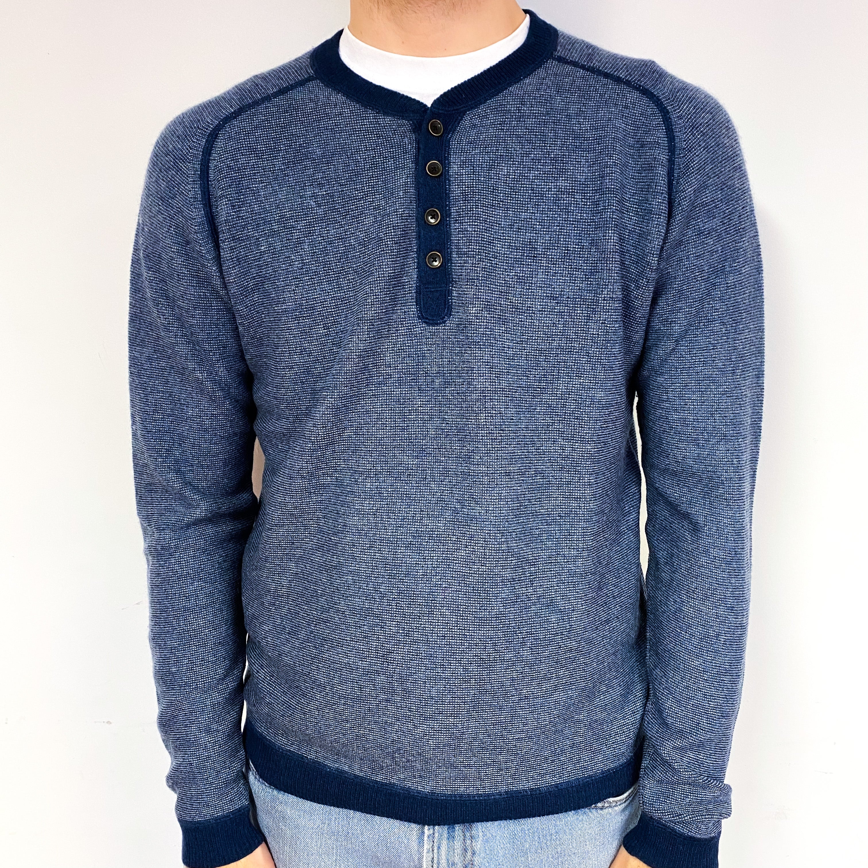 Men's Blue Two-Tone Cashmere 1/4 Button Crew Neck Jumper Large