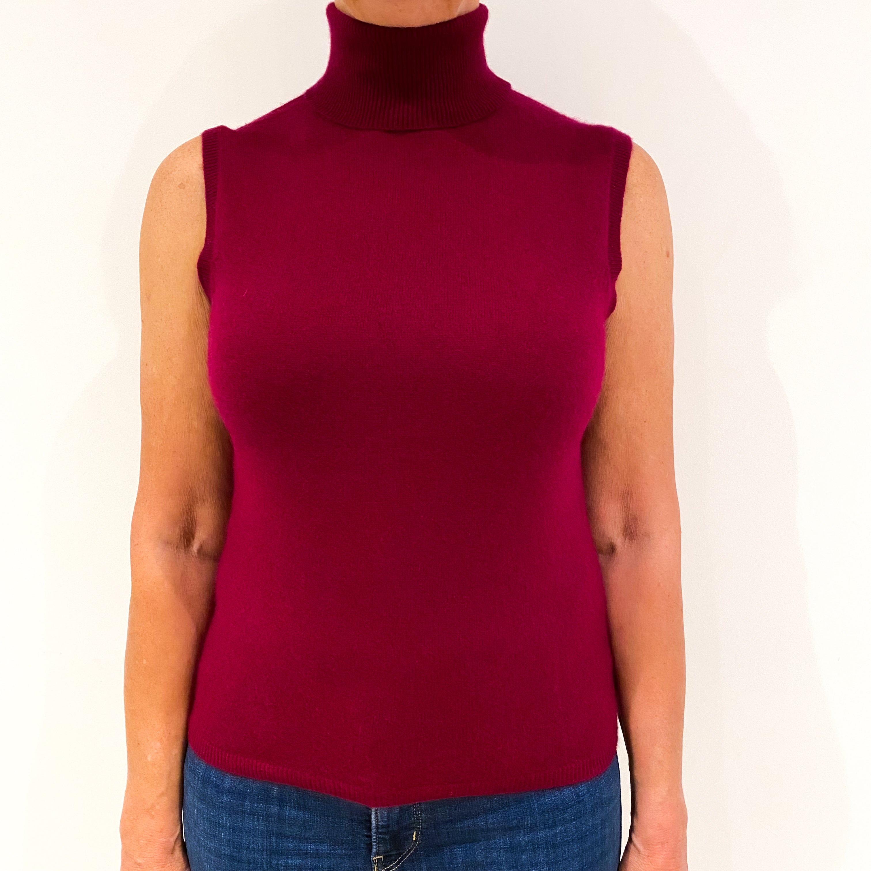 Crimson Red Sleeveless Cashmere Polo Neck Jumper Medium