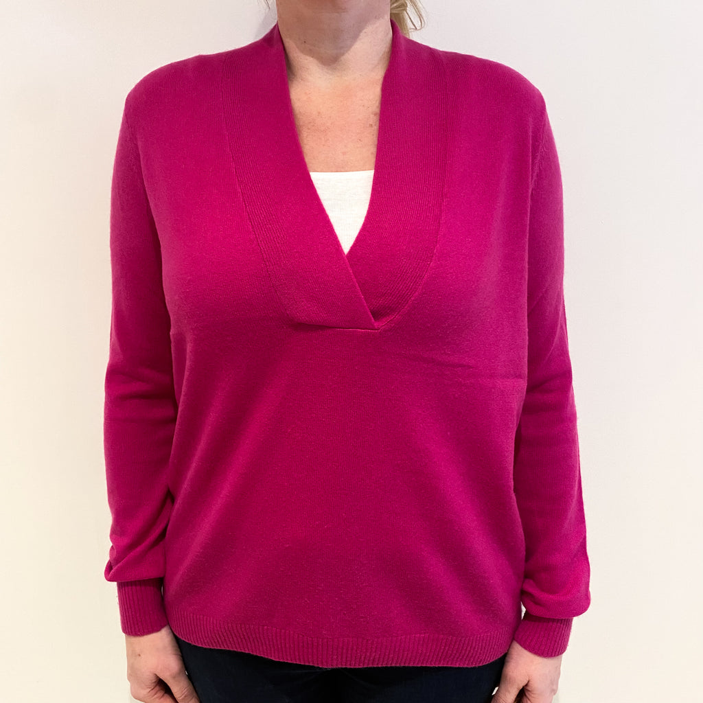 Fuchsia Pink Cashmere V Neck Jumper Large