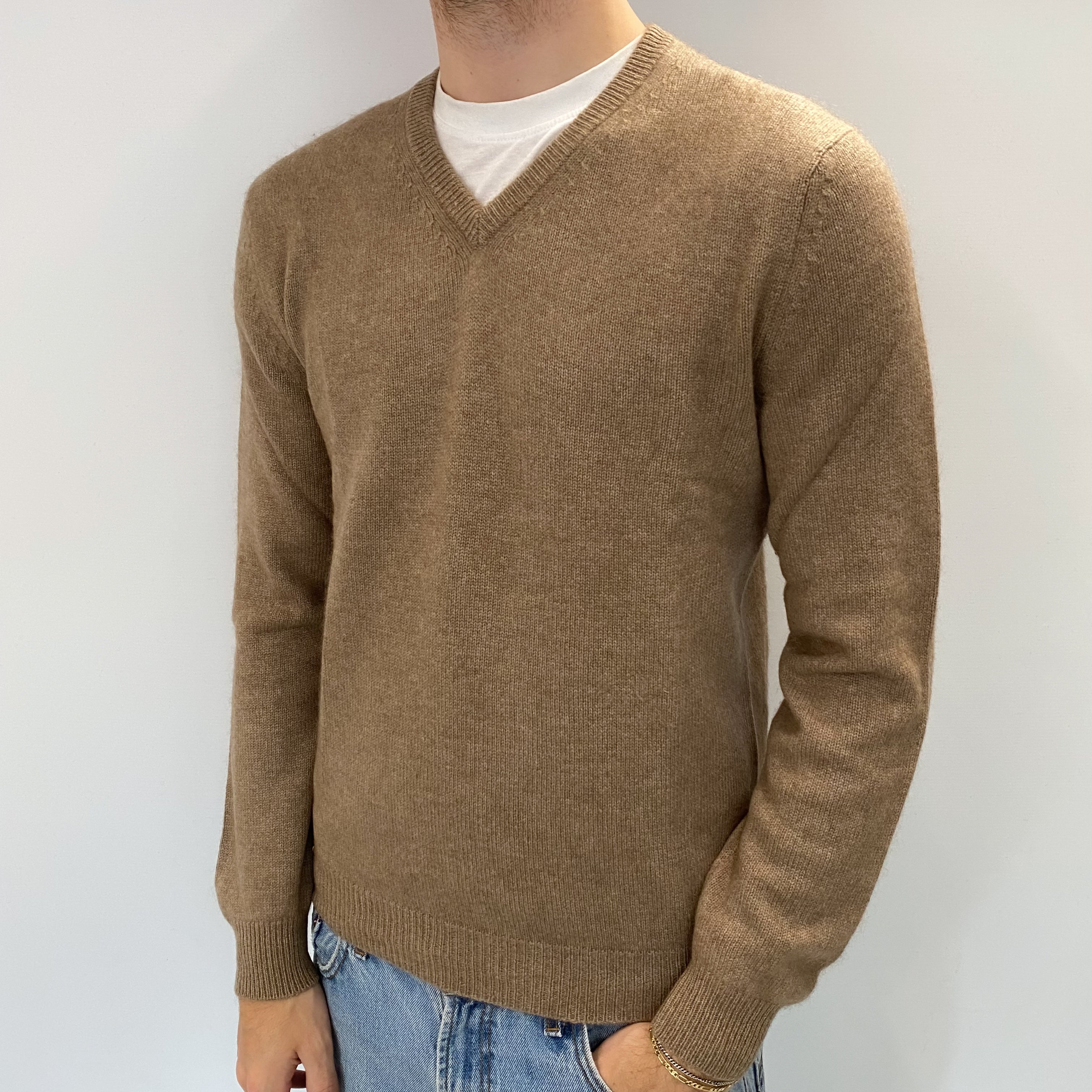 Men's Taupe Brown Cashmere V Neck Jumper Medium