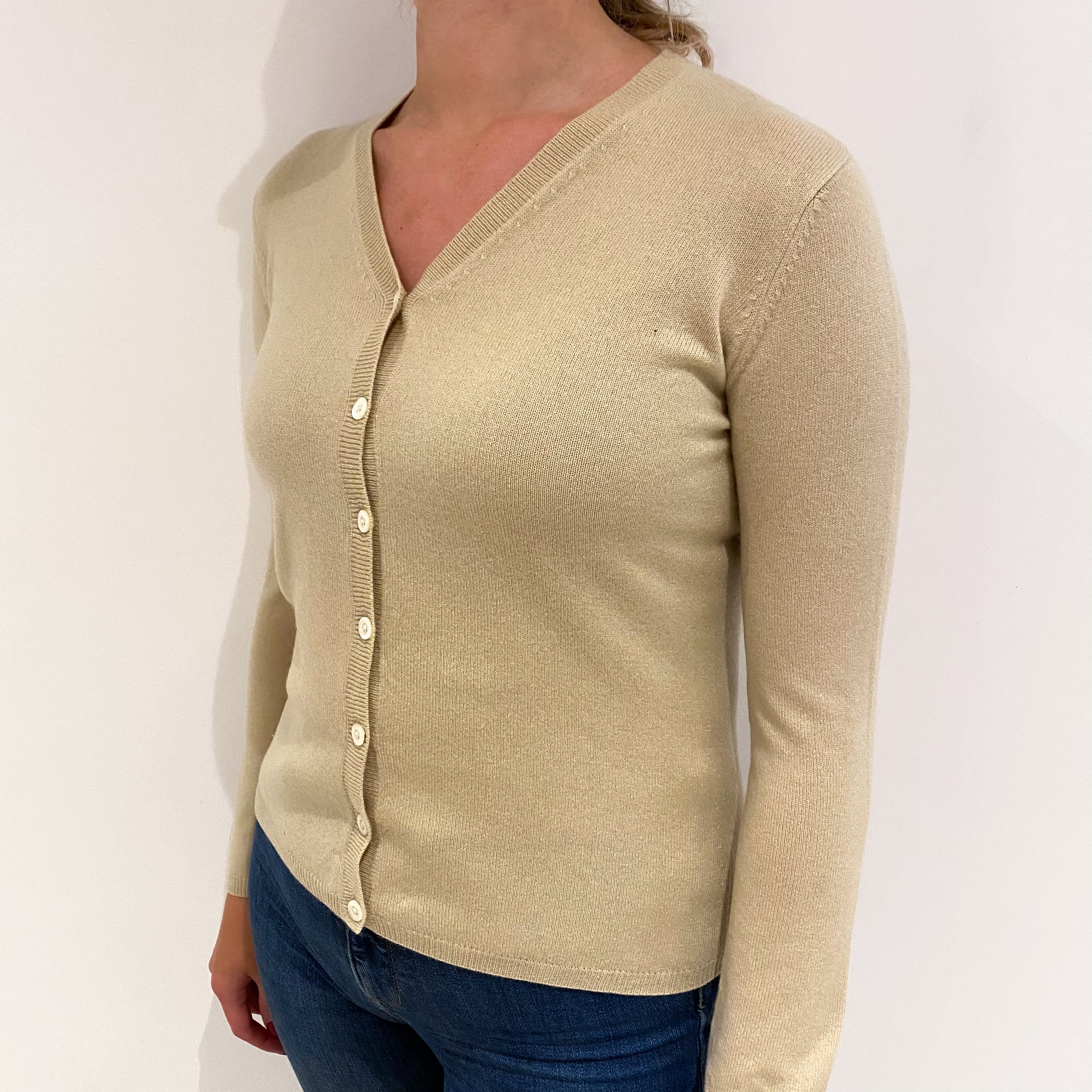 Sand Beige Cashmere V Neck Cardigan Small