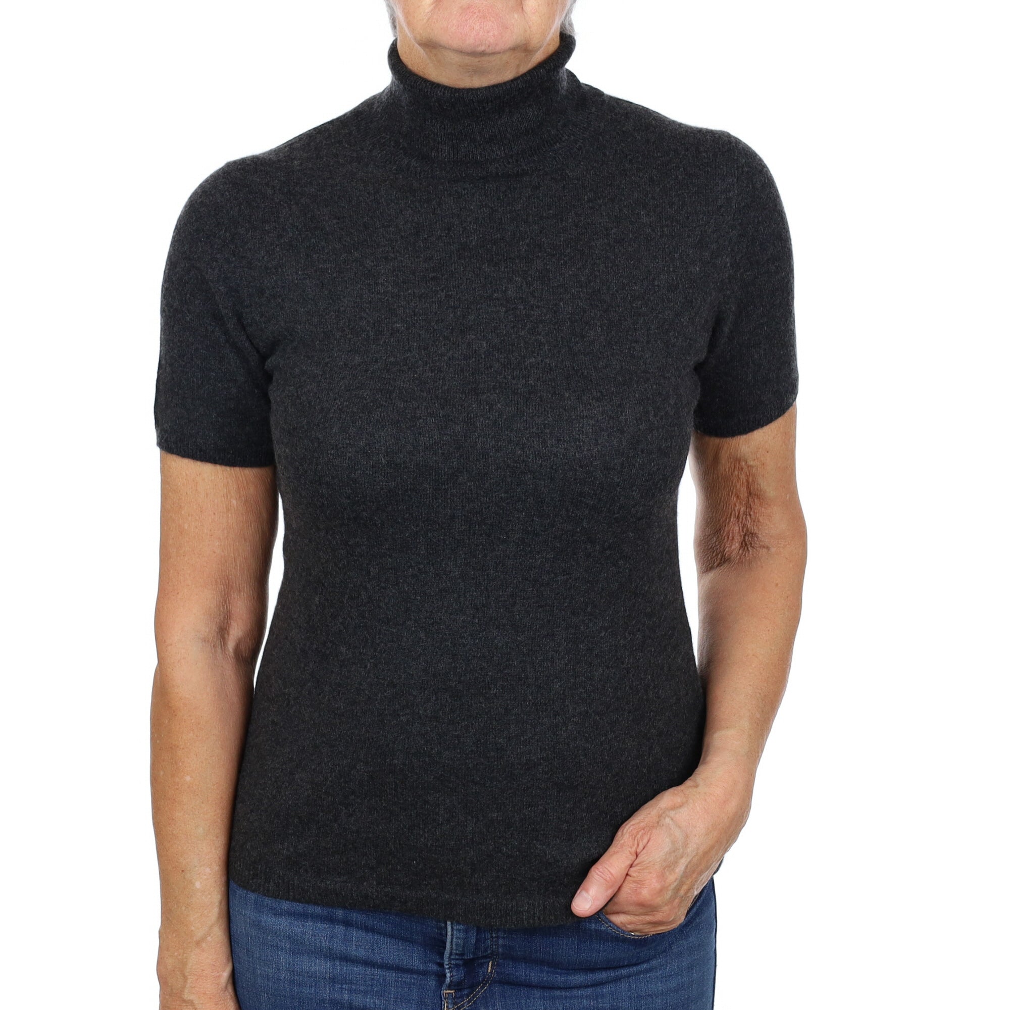 Charcoal Grey Cashmere Polo Neck Short Sleeved Jumper Medium