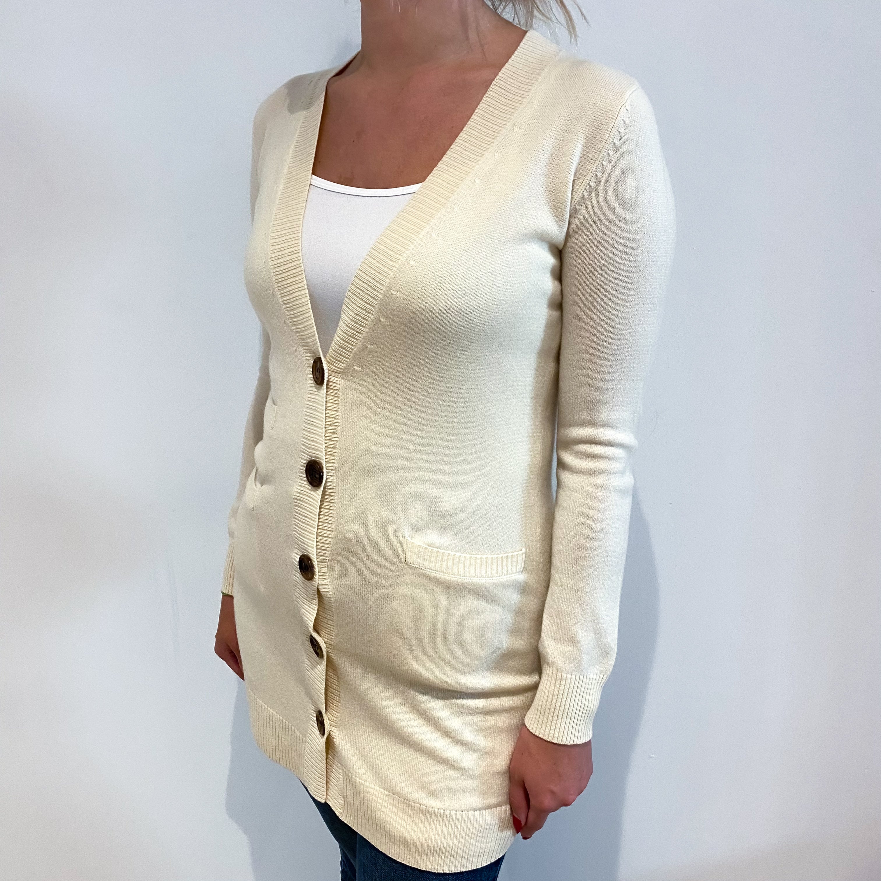 Vanilla Cream Cashmere Longline V Neck Cardigan with Pockets Small