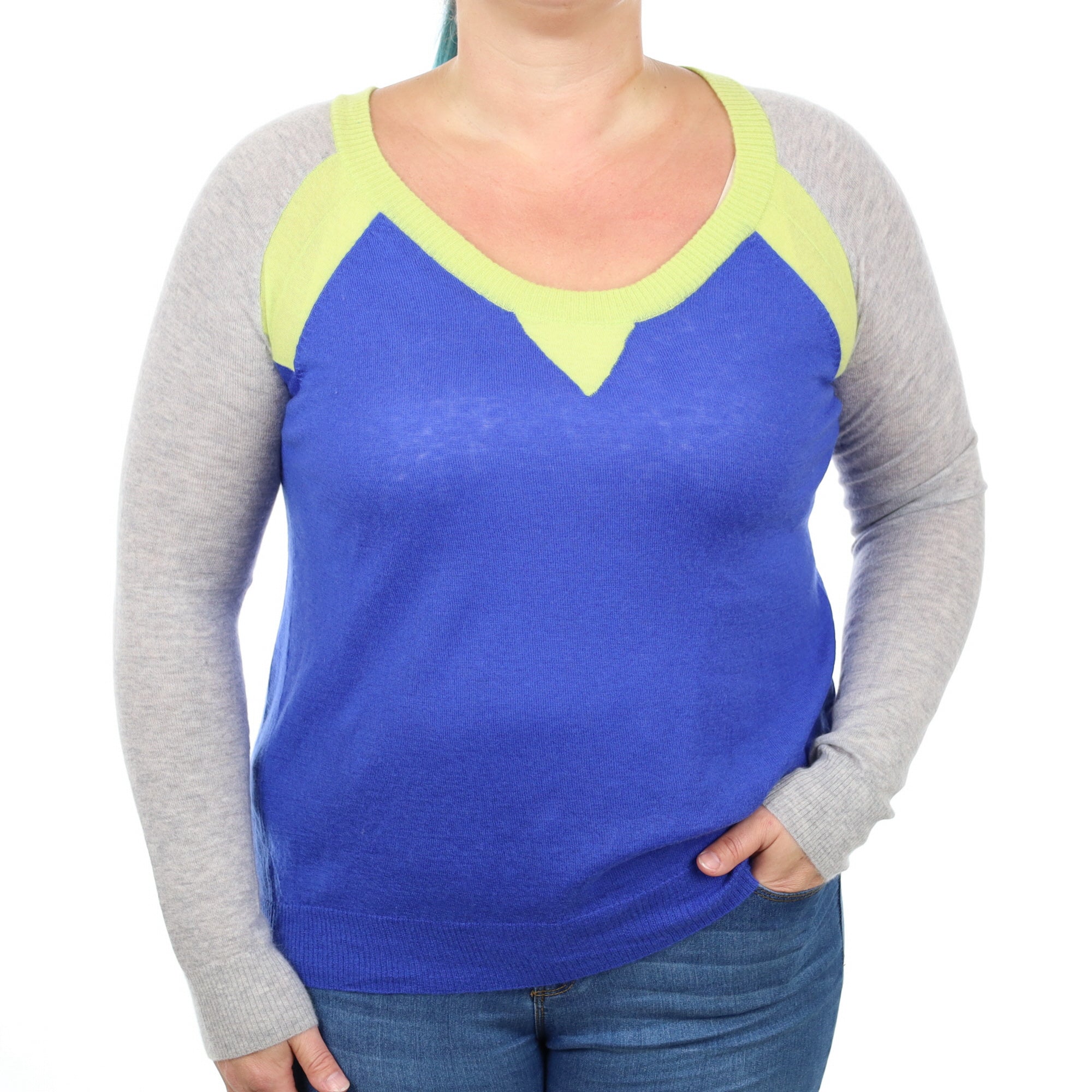 Royal Blue Colour Block Fine Knit Cashmere Scoop Neck Jumper Large