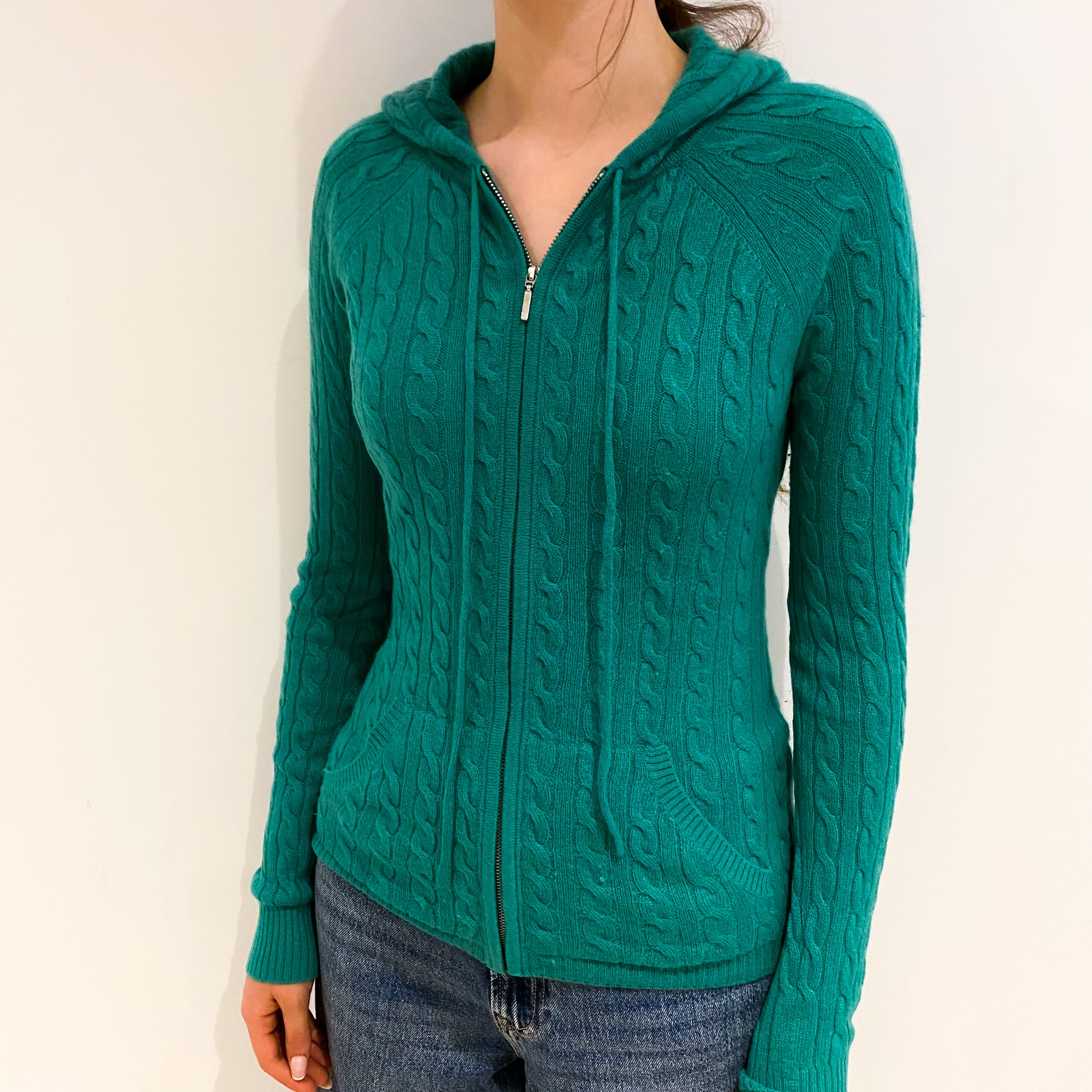 Jade Green Cashmere Zip Up Hoodie Jumper Extra Small