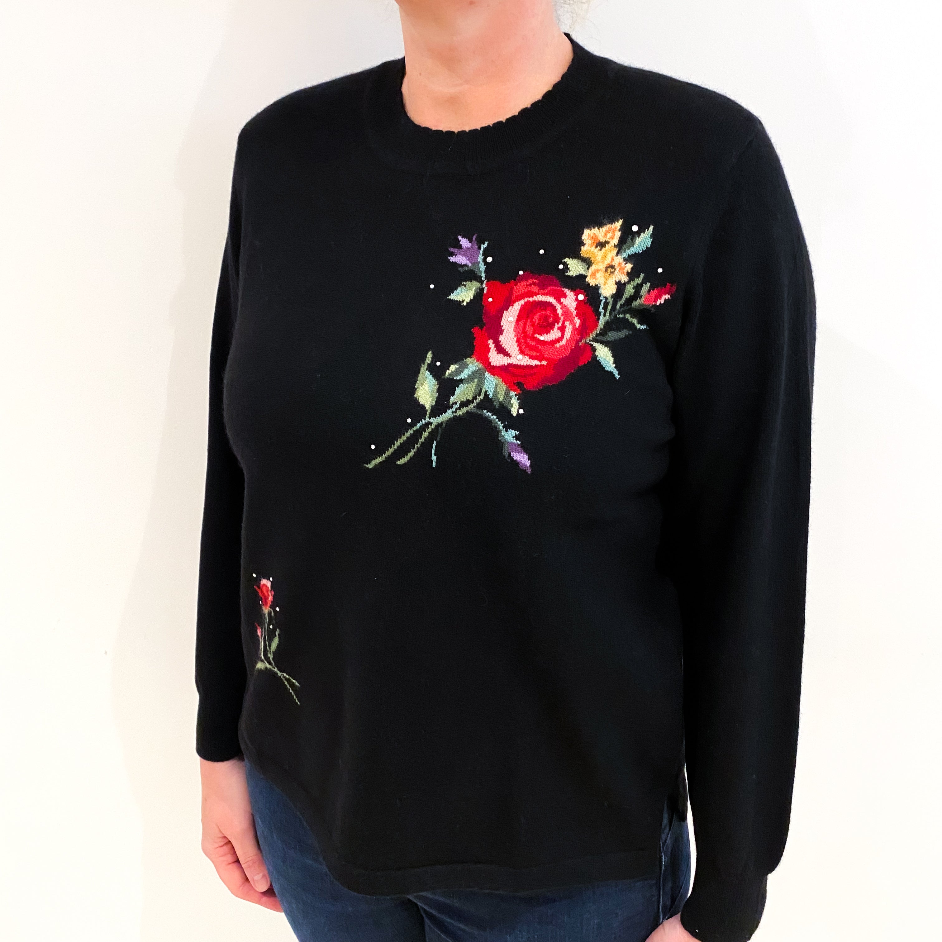 Black Floral Cashmere Crew Neck Jumper Large