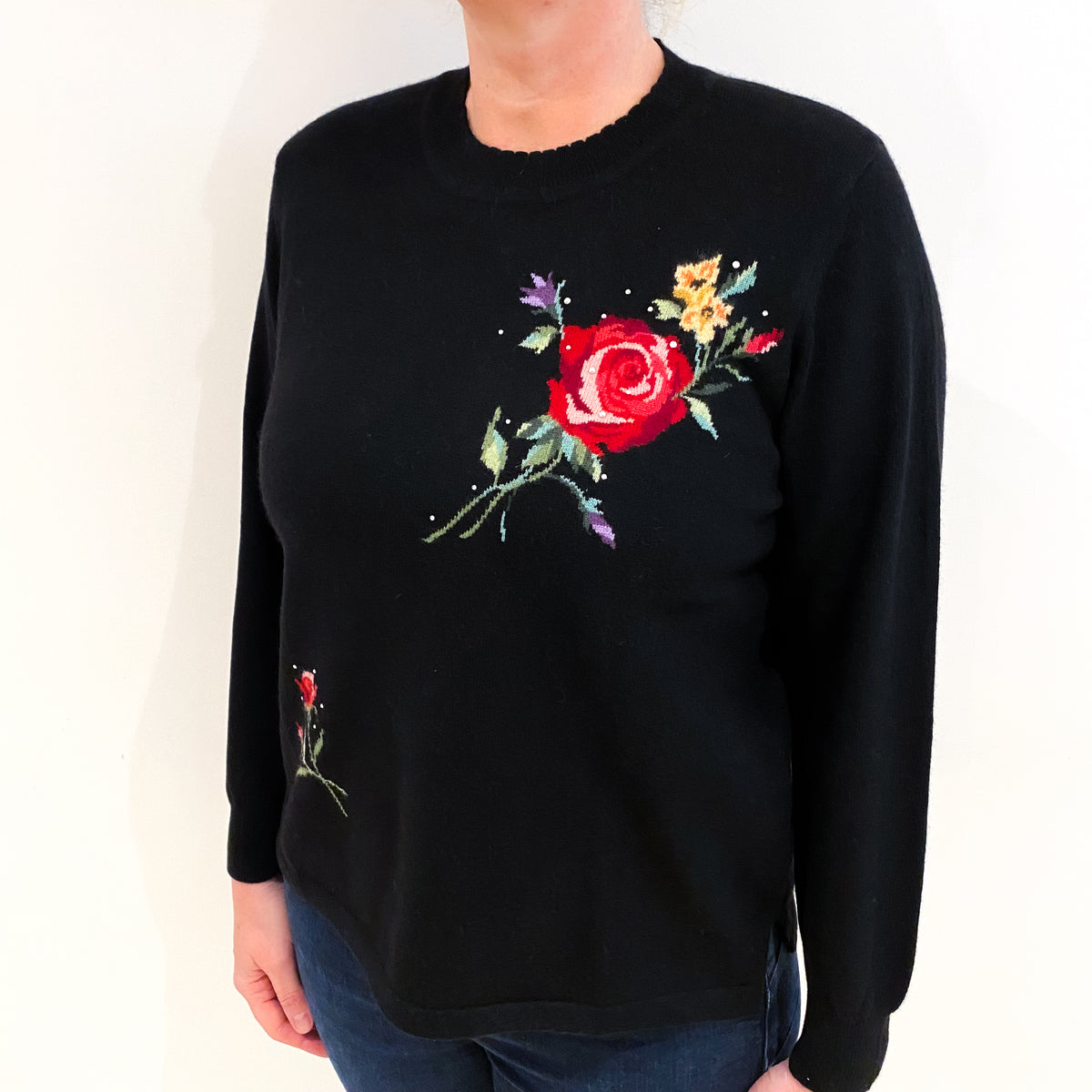 Black Floral Cashmere Crew Neck Jumper Large