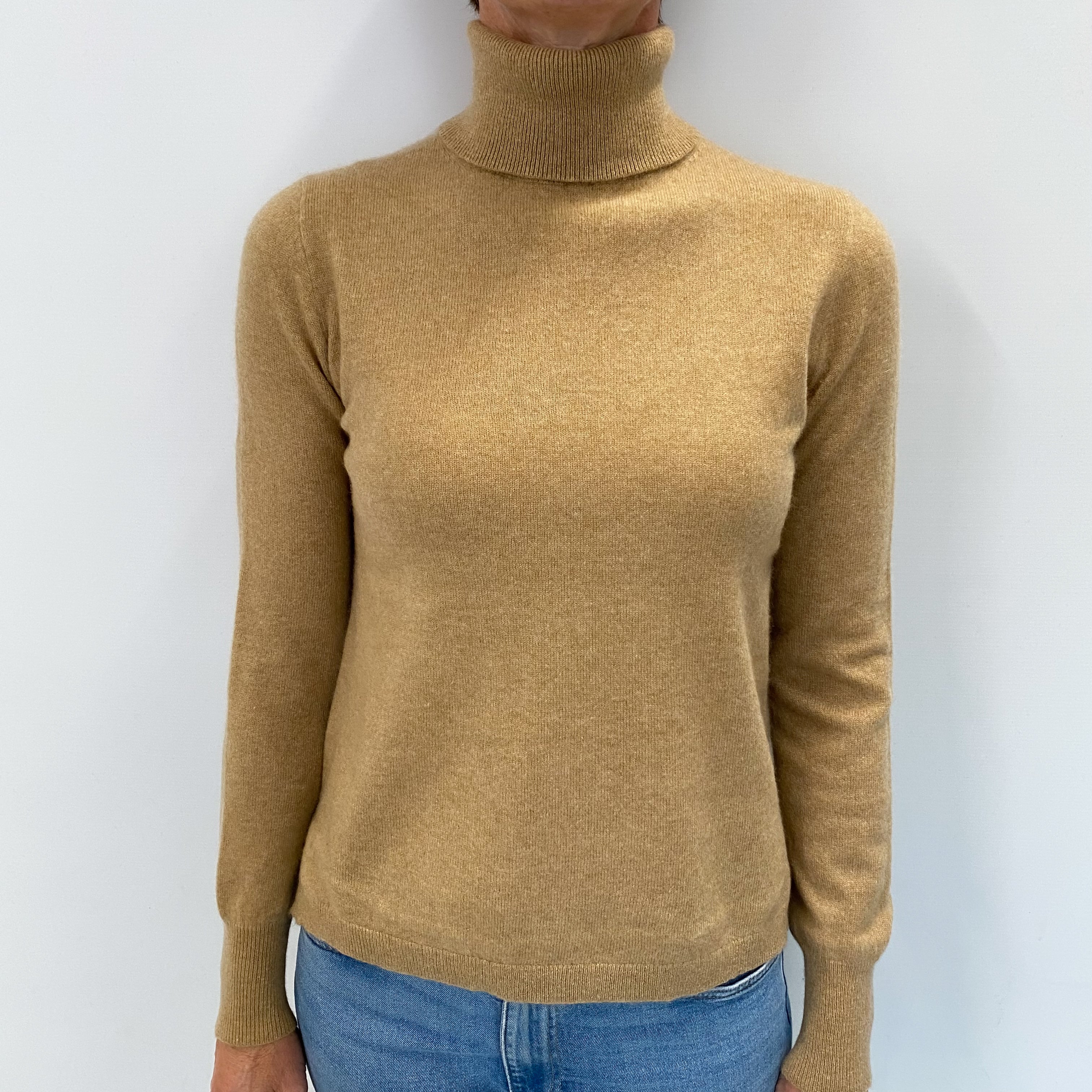 Camel Brown Cashmere Polo Neck Jumper Small