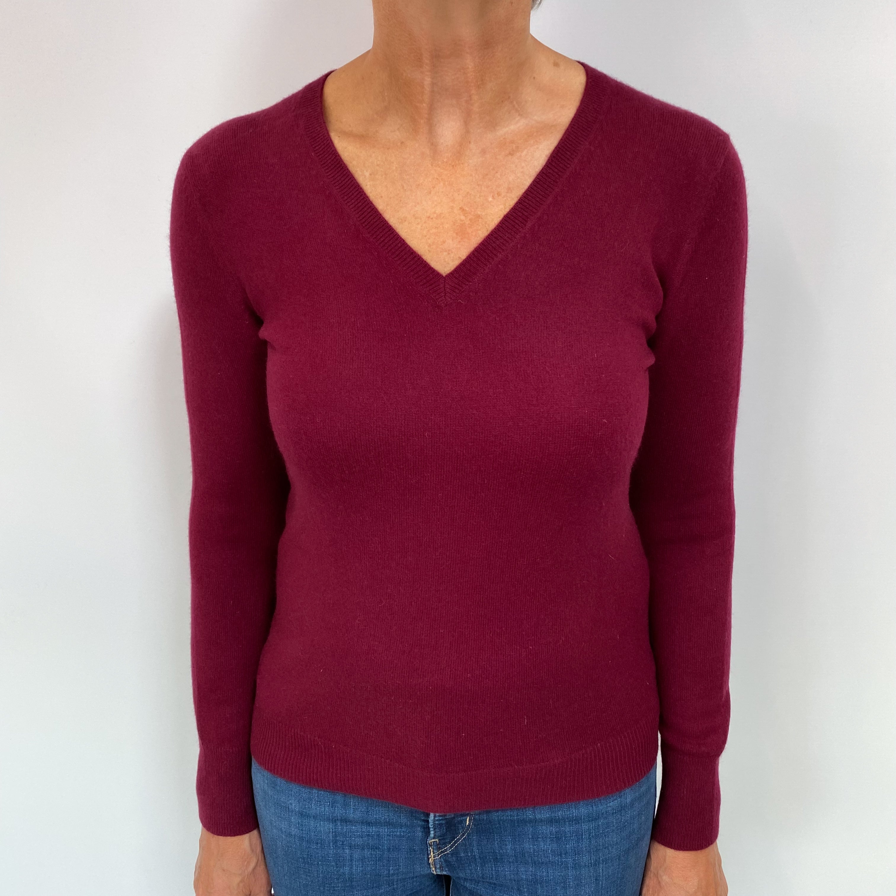 Burgundy Red Cashmere V Neck Jumper Medium