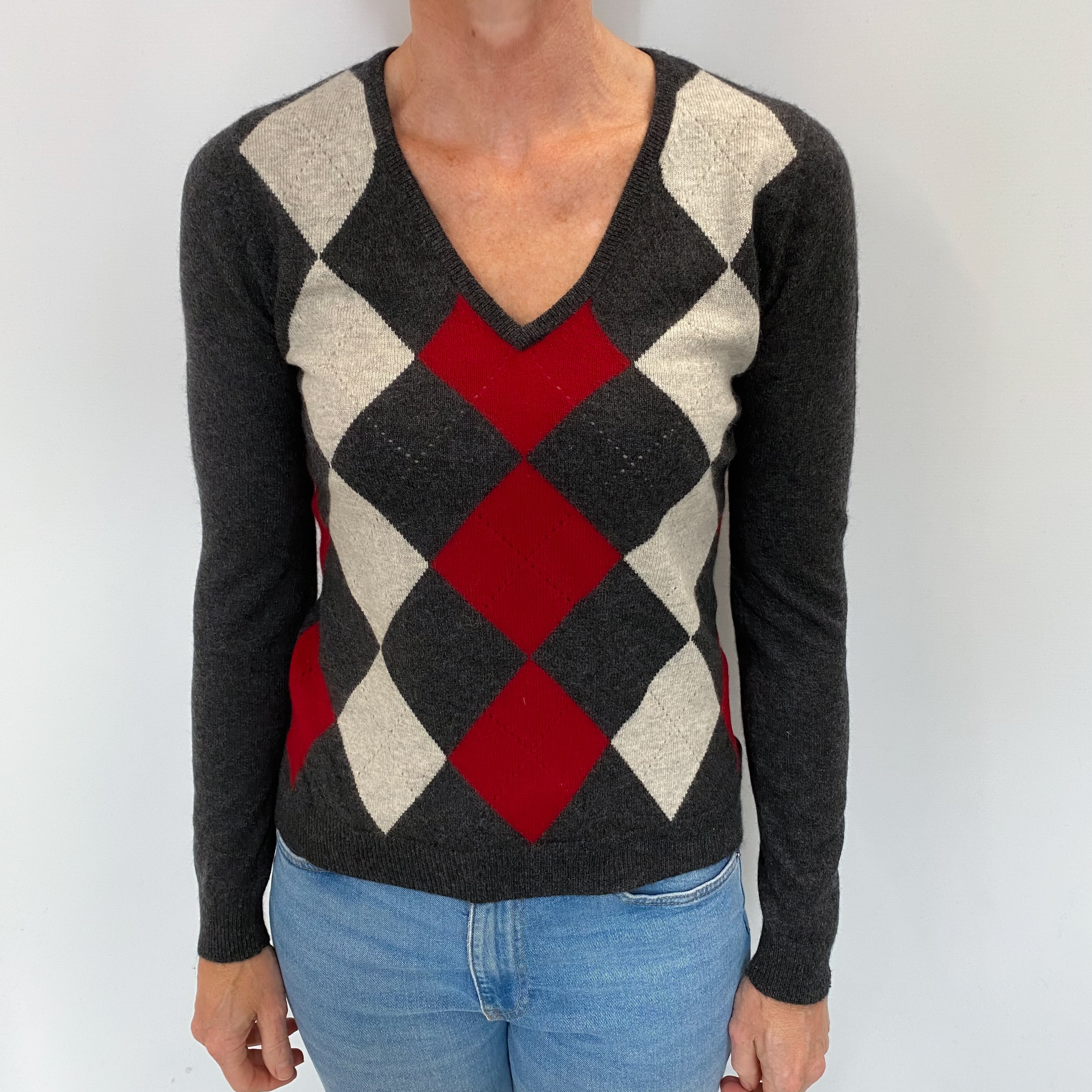Charcoal Grey Argyle Cashmere V Neck Jumper Small