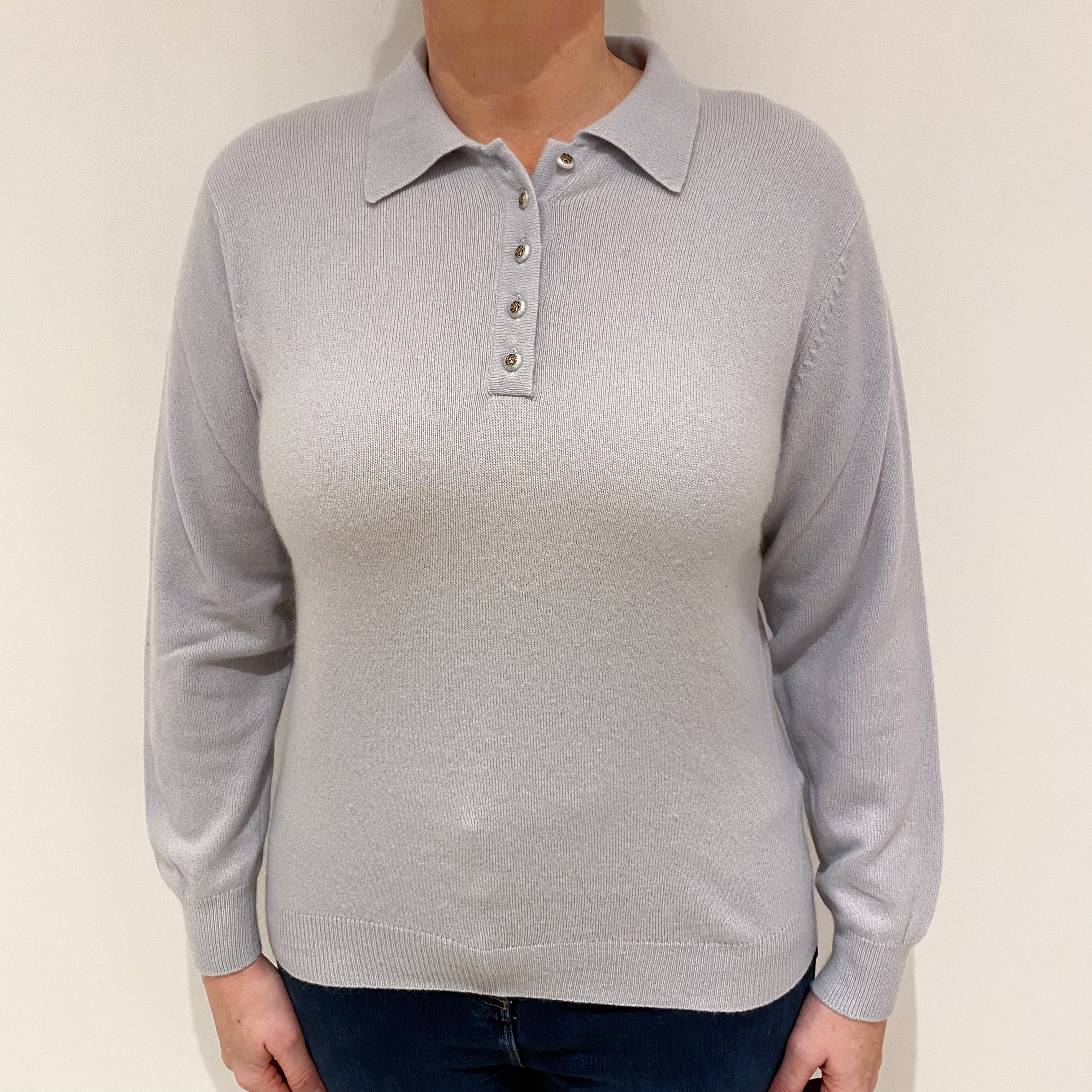 Frosty Blue Grey Cashmere Collared 1/4 Button Jumper Large