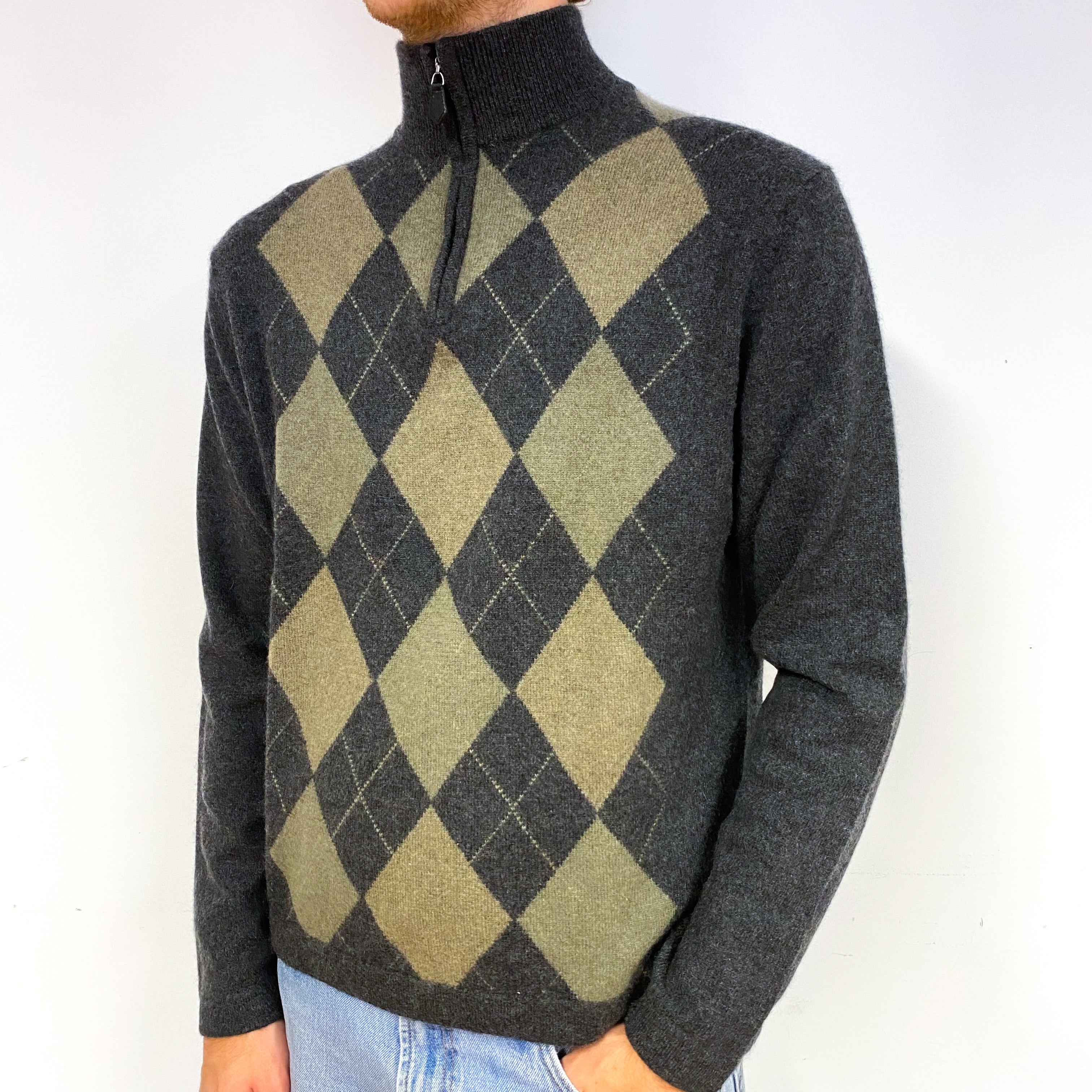 Men's Grey Green Argyle Cashmere Quarter Zip Jumper Medium