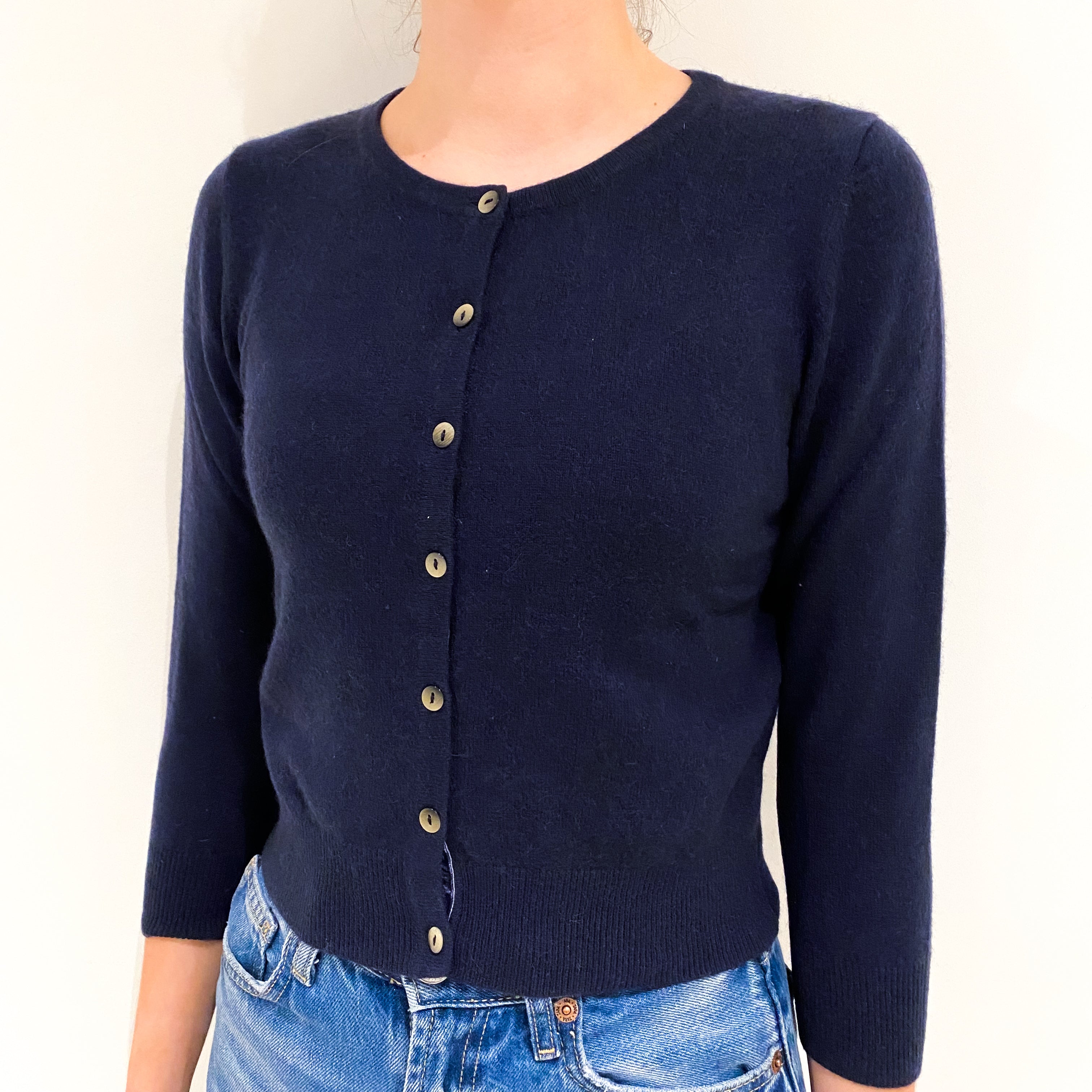 Navy Blue Volk Back Cashmere Crew Neck Cardigan Extra Small