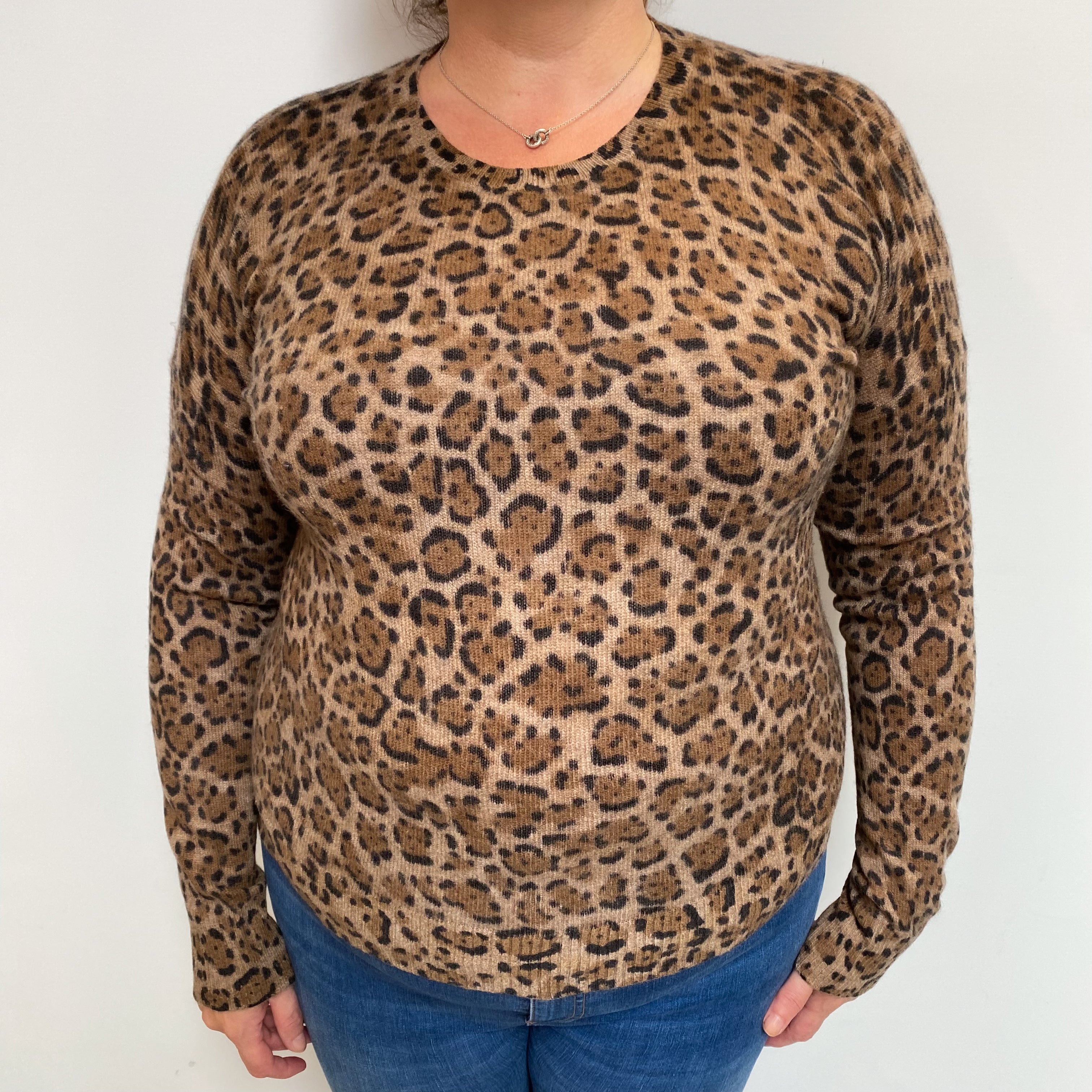 Brown Animal Print Cashmere Crew Neck Jumper Extra Large