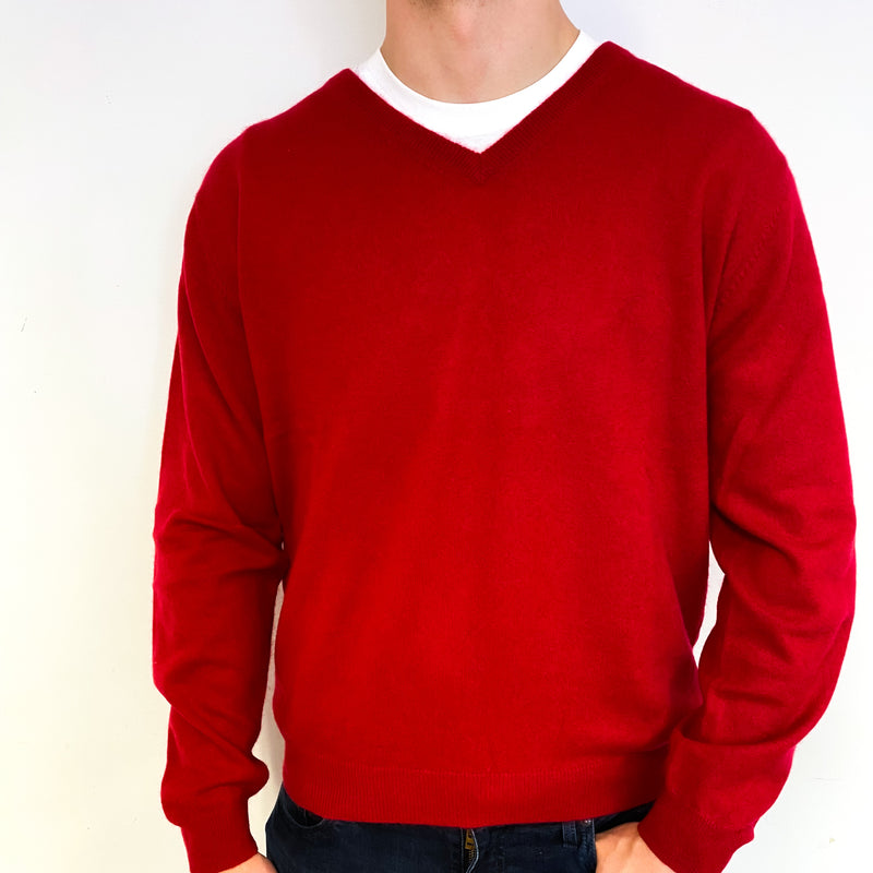 Men's Ruby Red Cashmere V-Neck Jumper Extra Large