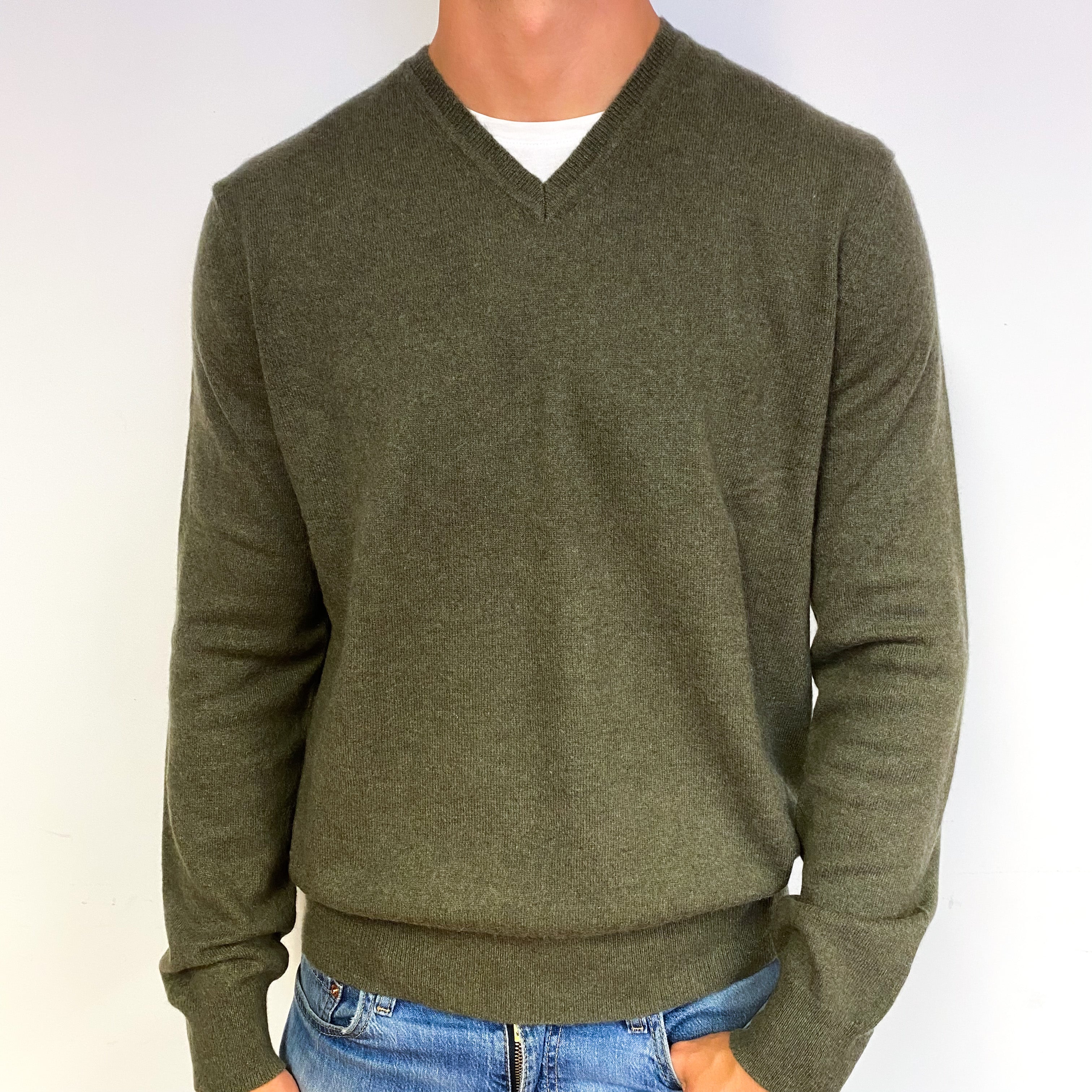 Men's Khaki Green Cashmere V-Neck Jumper Extra Large