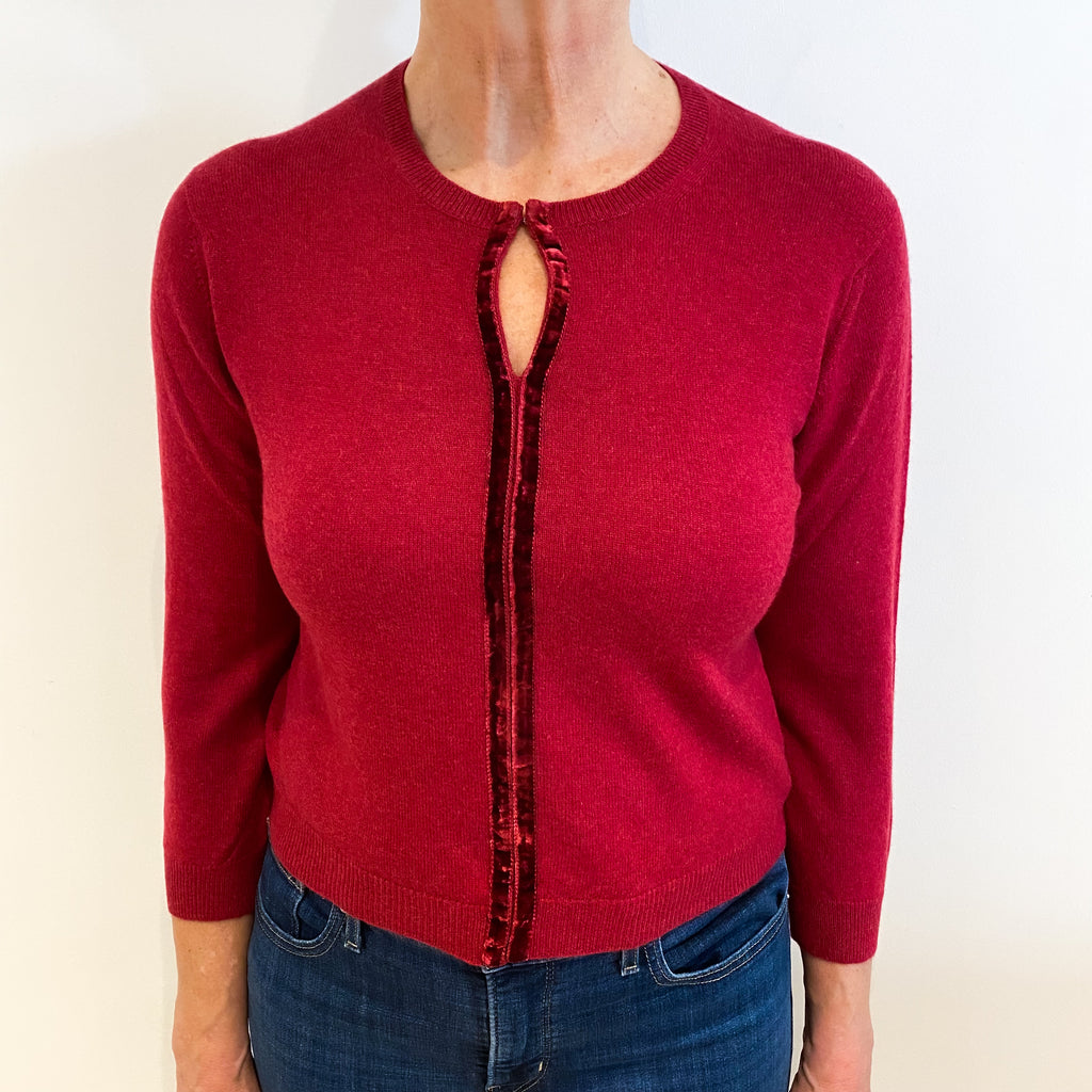 Brora Crimson Red Hook and Eye Keyhole Design  Cashmere Crew Neck Cardigan Medium