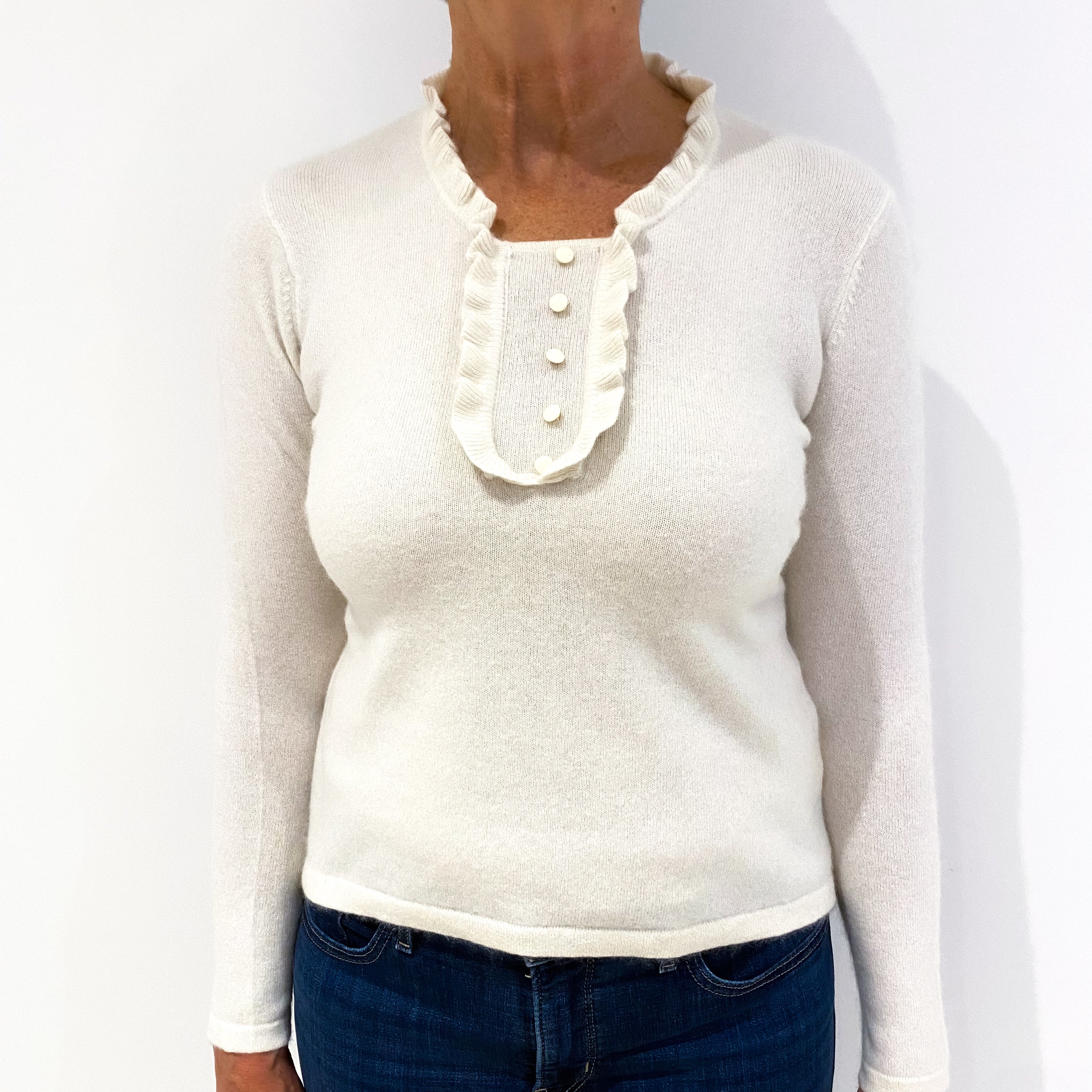 Cream Ruffle Neck Cashmere Crew Neck Jumper Medium