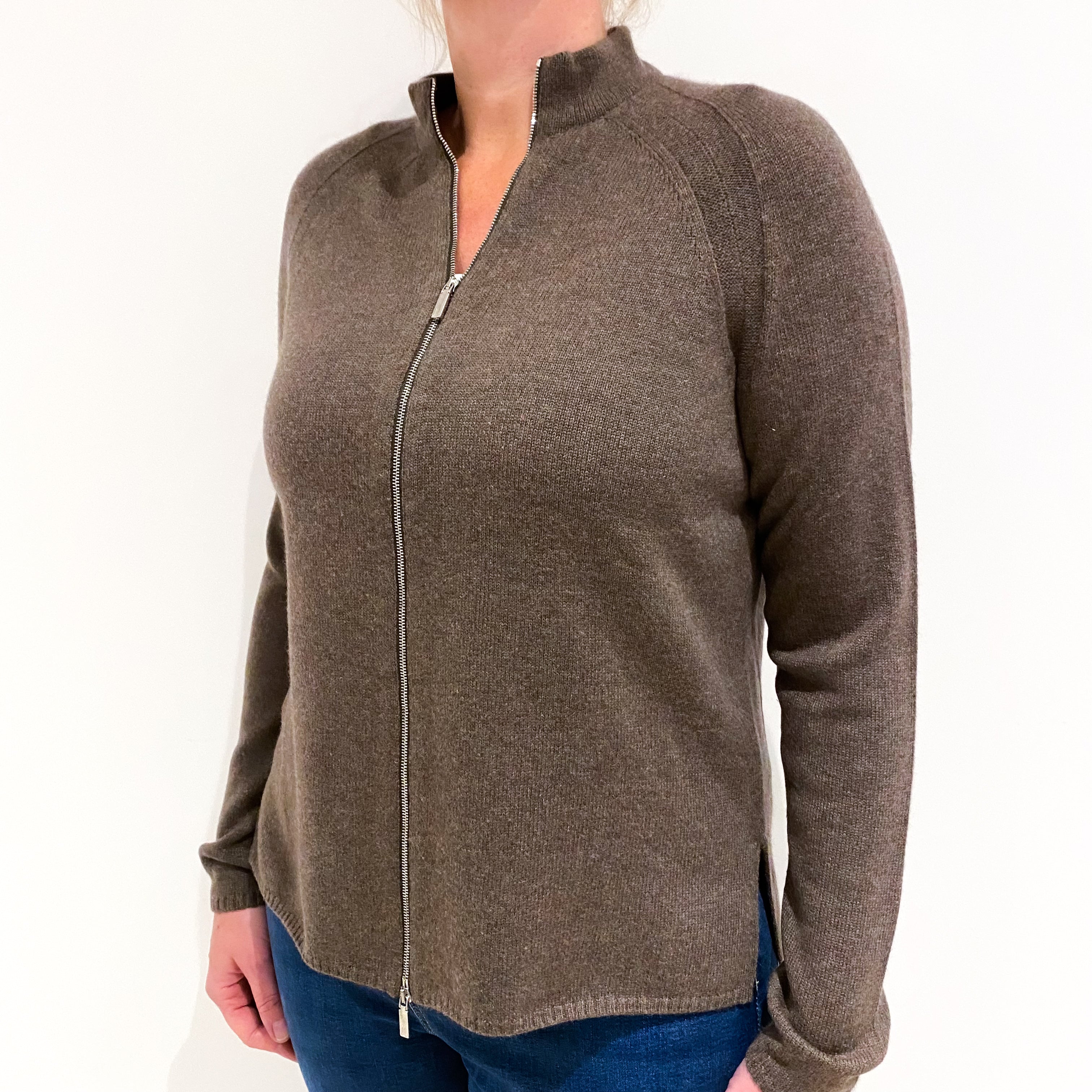 Khaki Brown Marl Cashmere Zip Up Cardigan Large