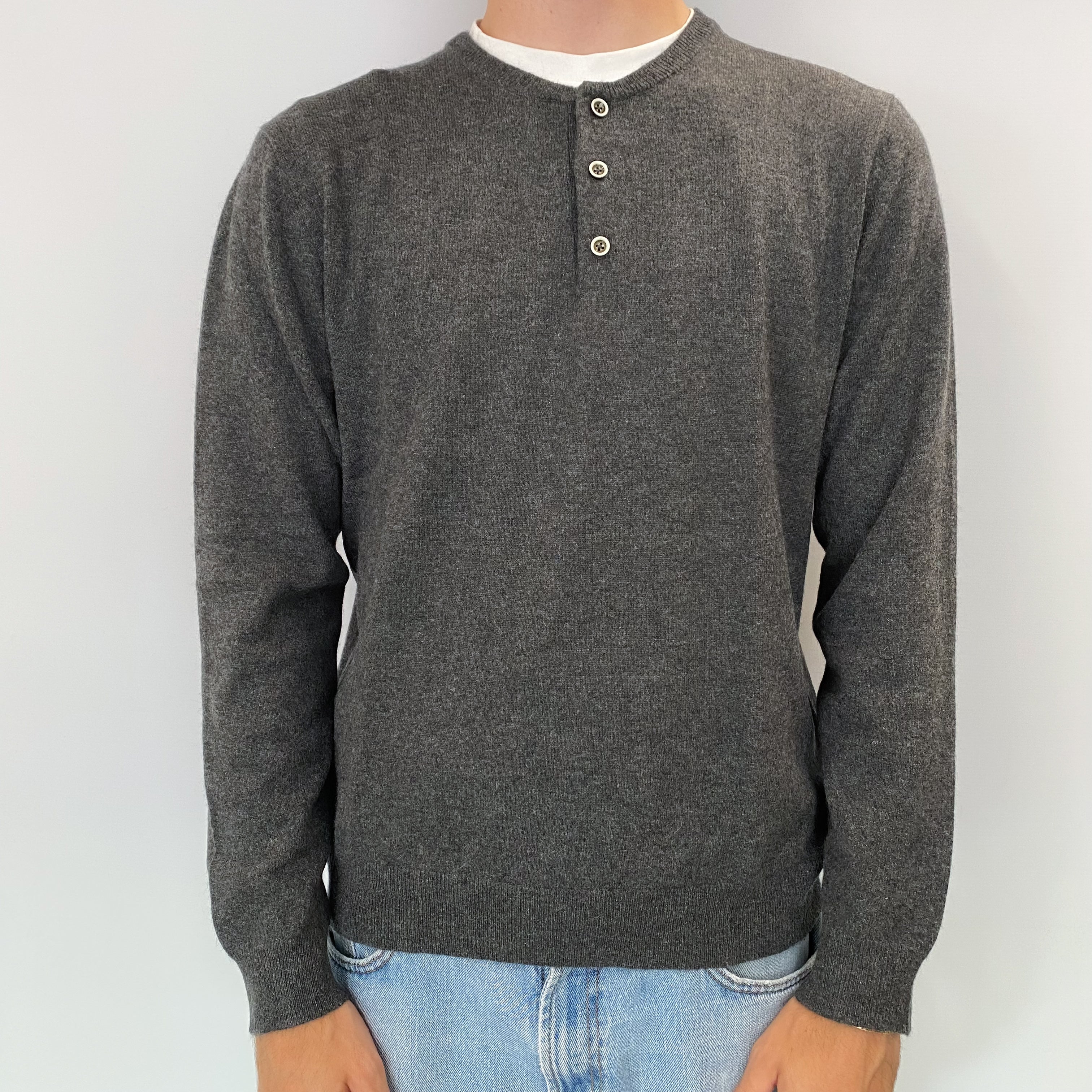 Men's Slate Grey Cashmere 1/4 Button Crew Neck Jumper Medium