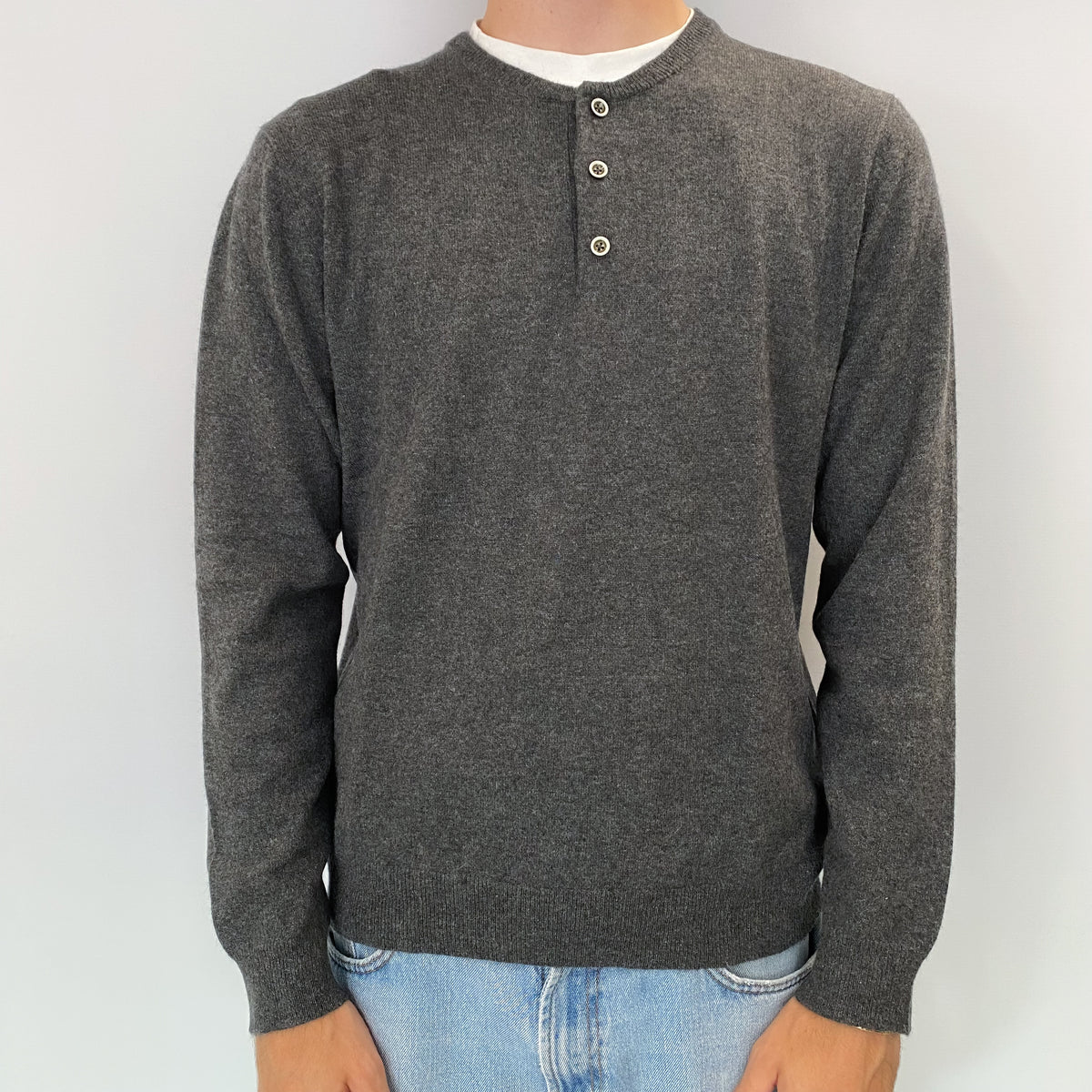 Men's Slate Grey Cashmere 1/4 Button Crew Neck Jumper Medium