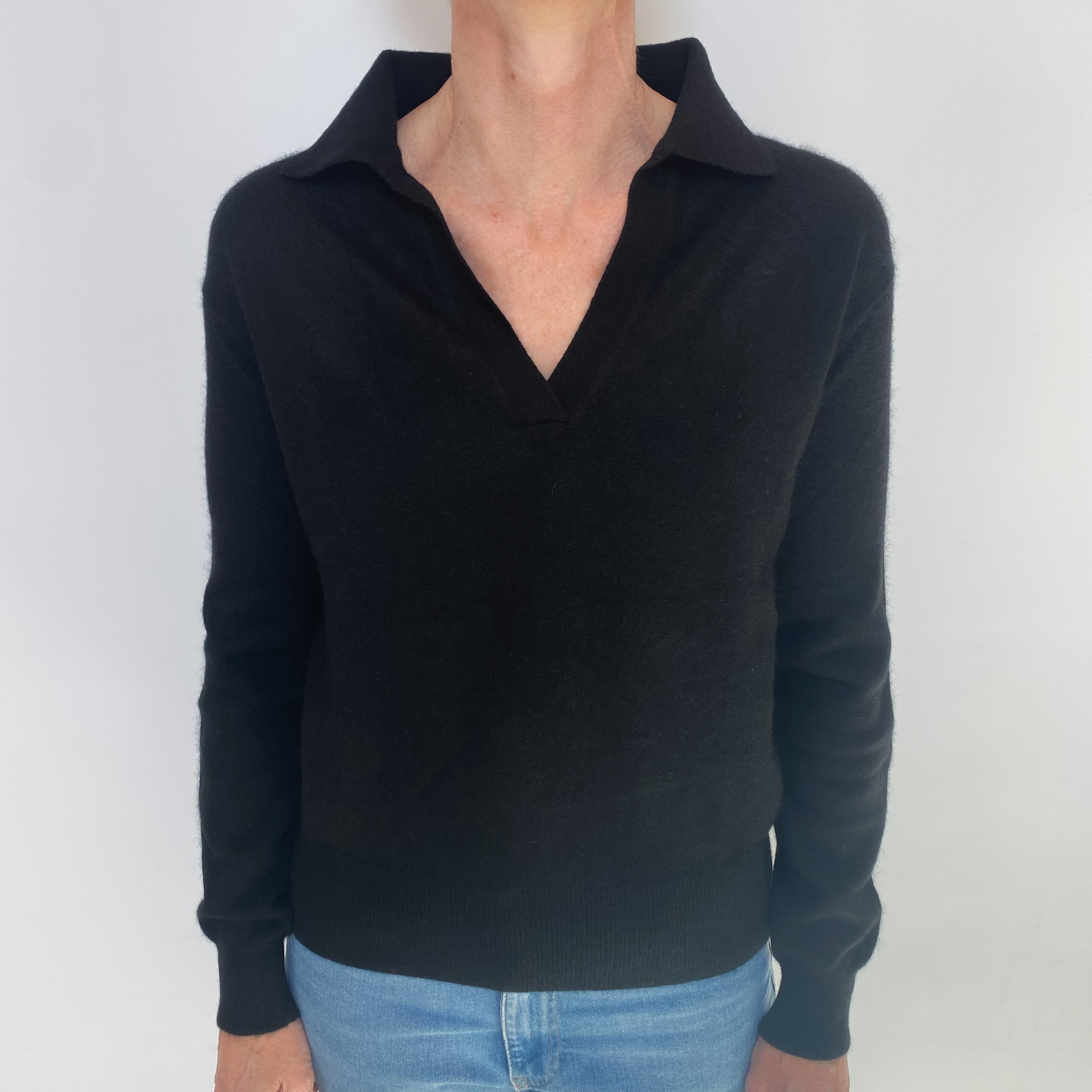 Black Cashmere Collared V Neck Jumper Small