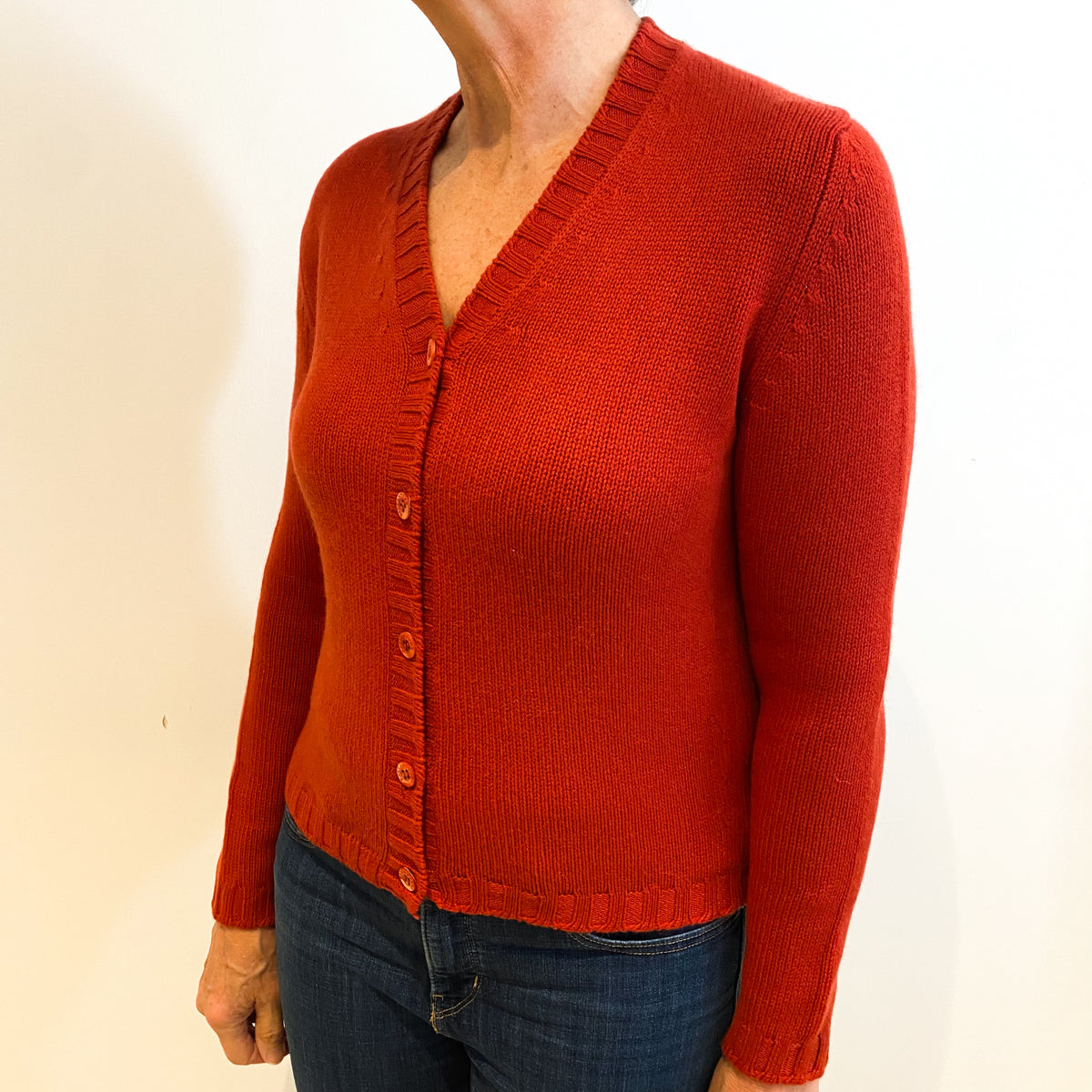 Scottish Rust Red Cashmere V Neck Cardigan Medium