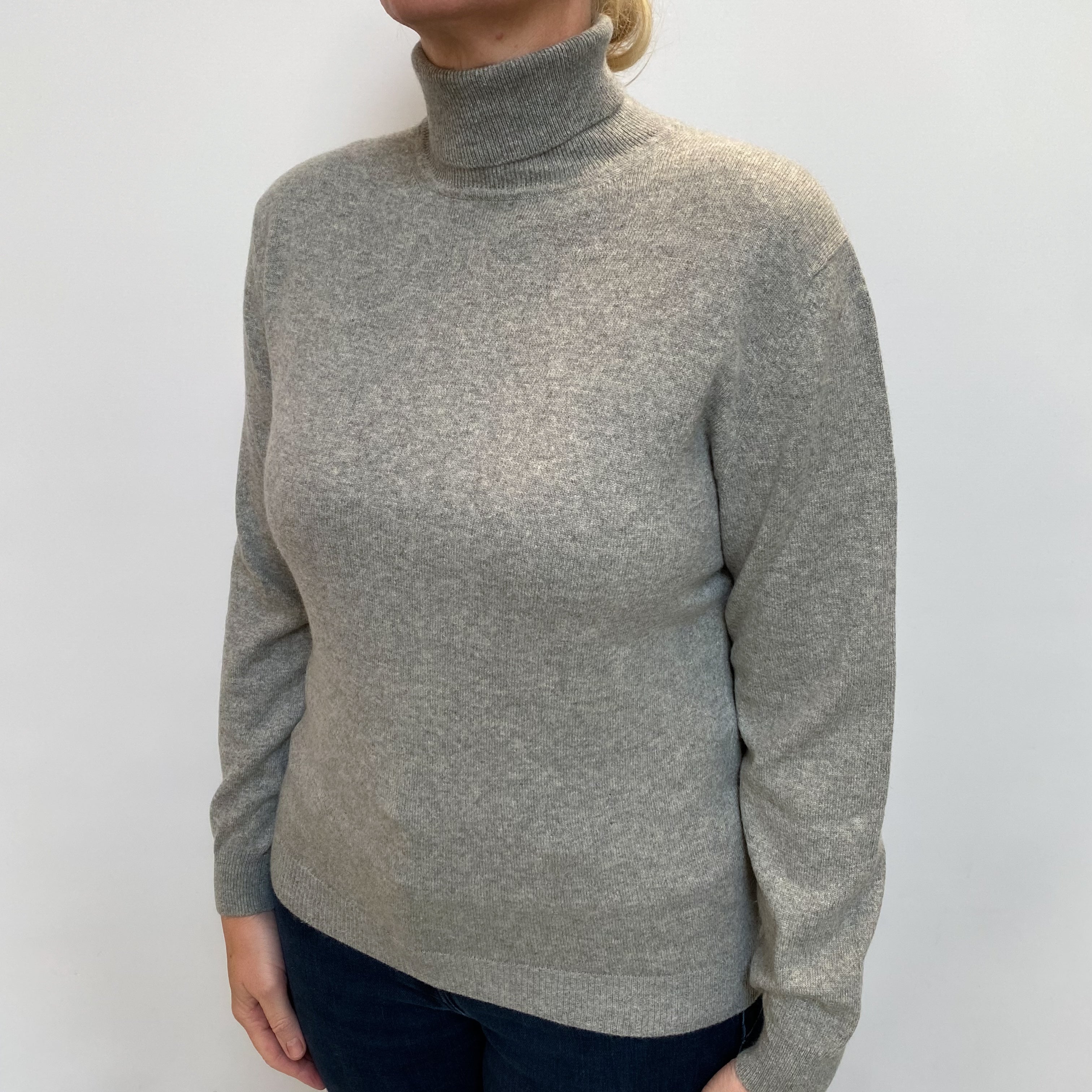 Smoke Grey Cashmere Polo Neck Jumper Large
