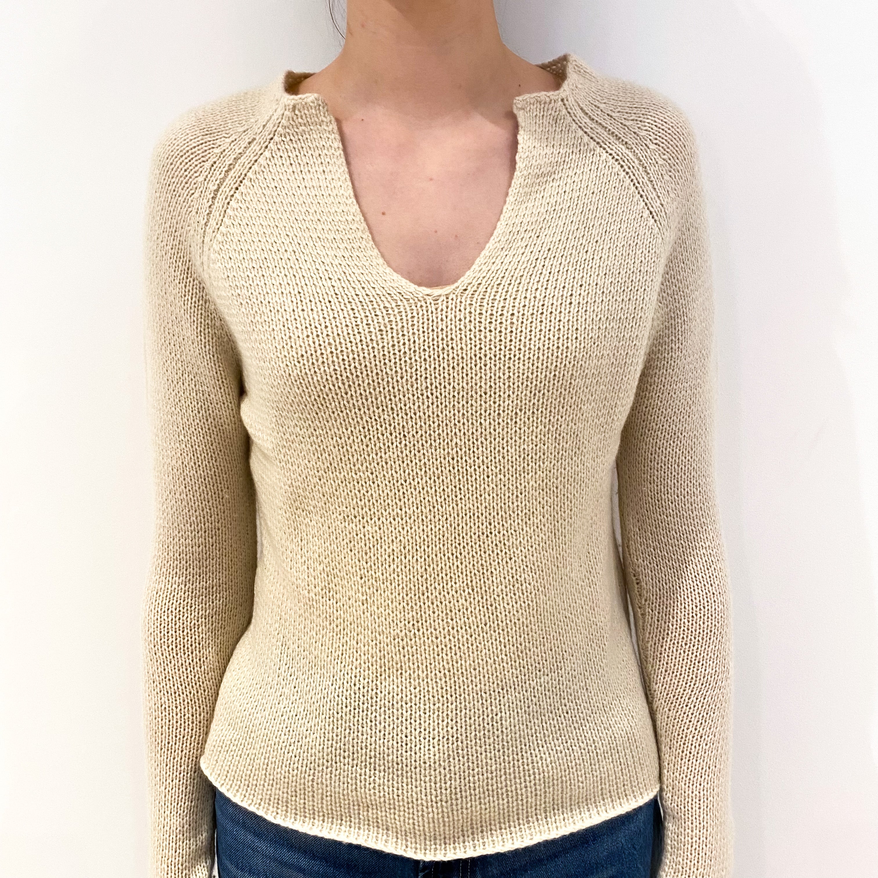 Oatmeal Beige Chunky Notch Neck Cashmere V-Neck Jumper Extra Small